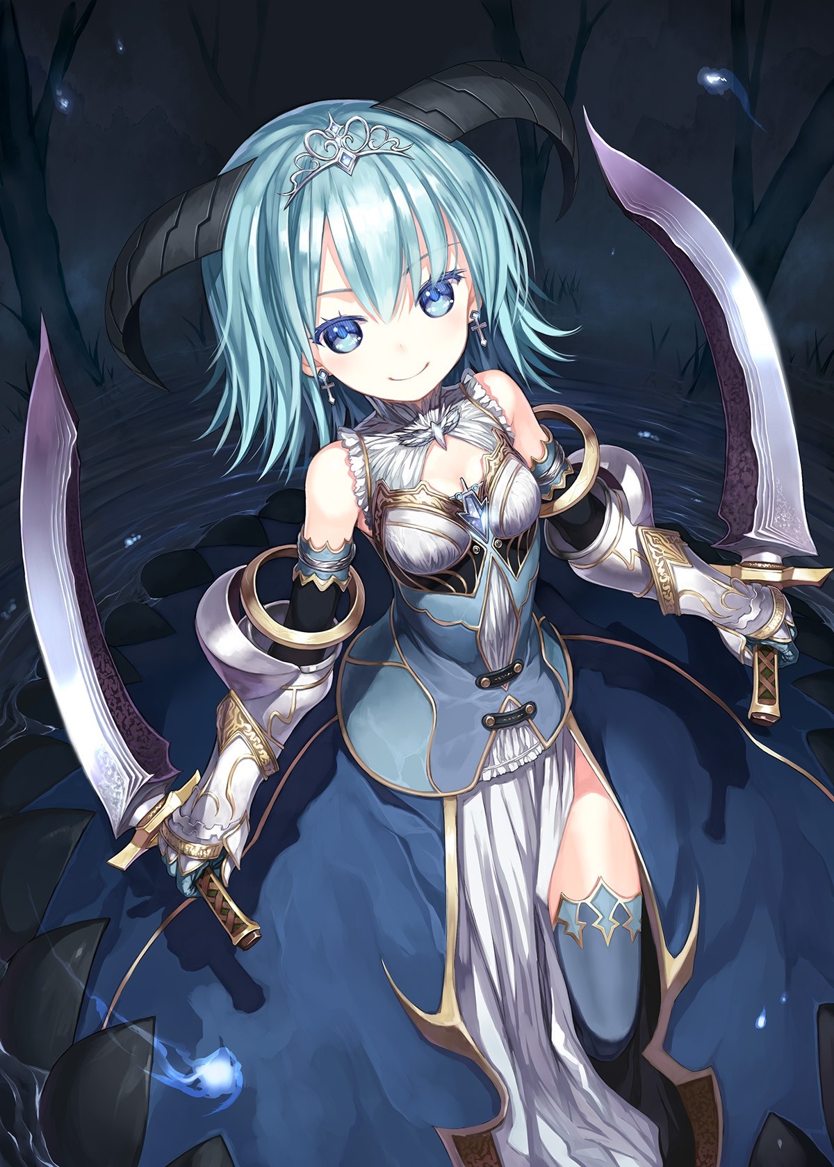 Anime girl with blue hair and swords HD Wallpaper