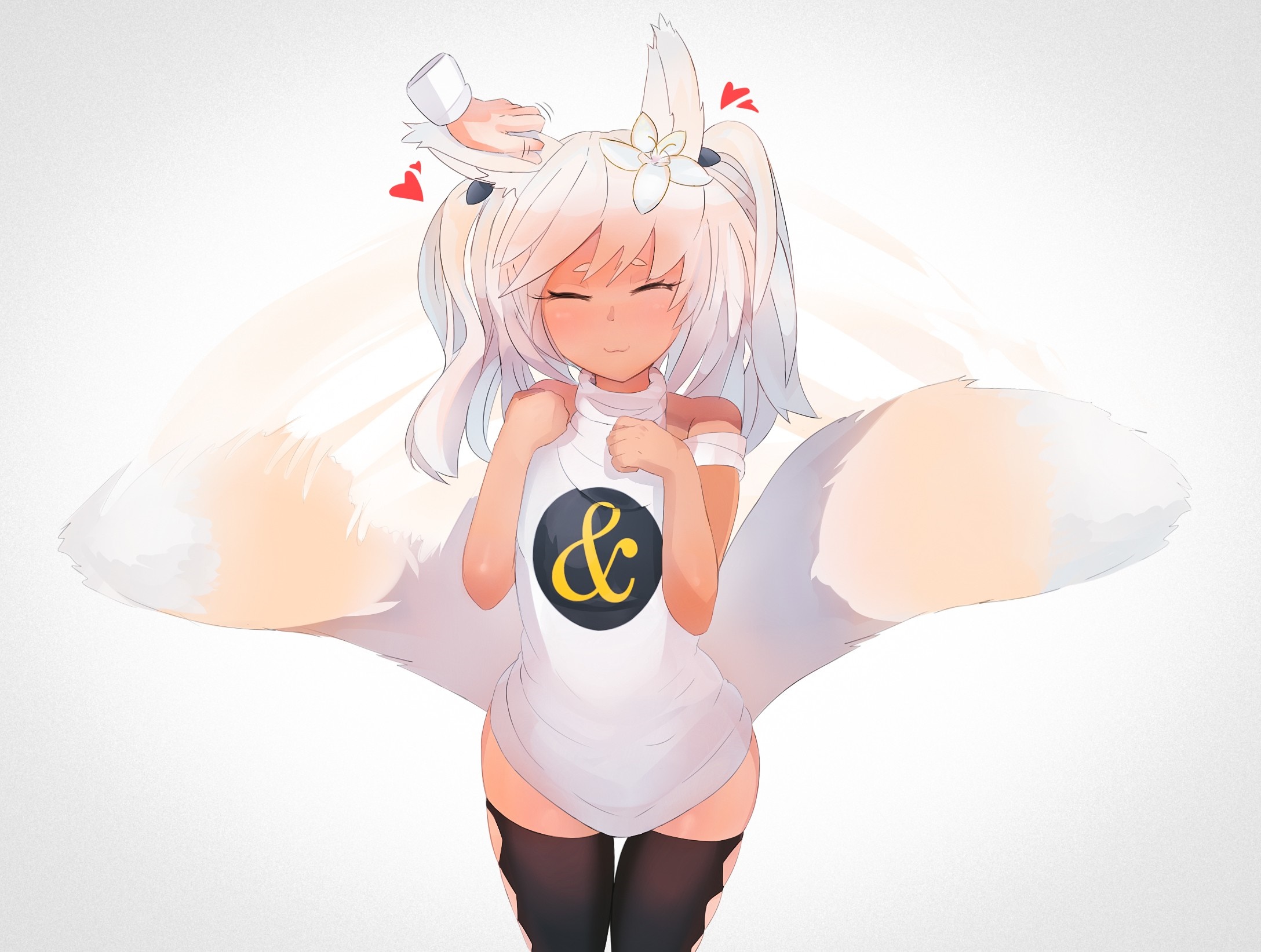 Anime girl with fox ears and tail petting her head HD Wallpaper