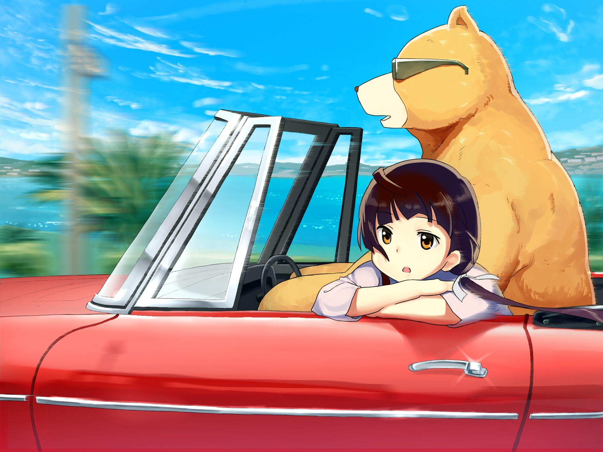 Girl and bear in a convertible HD Wallpaper