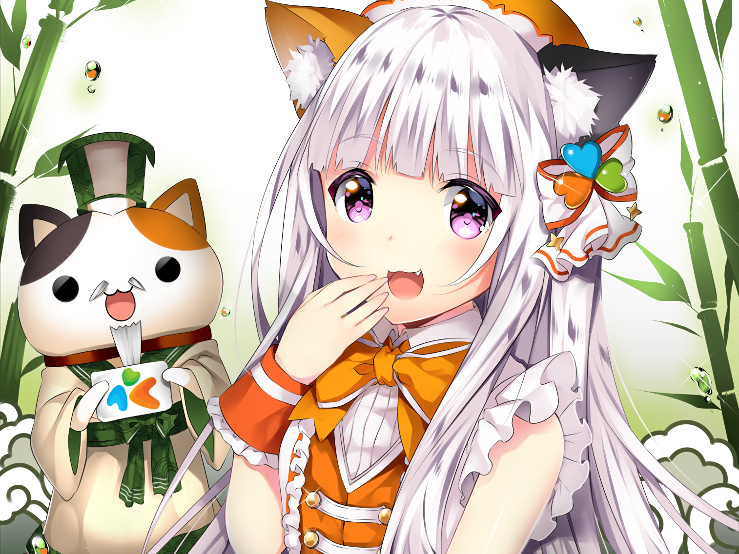 Anime girl with cat ears and a cat character HD Wallpaper
