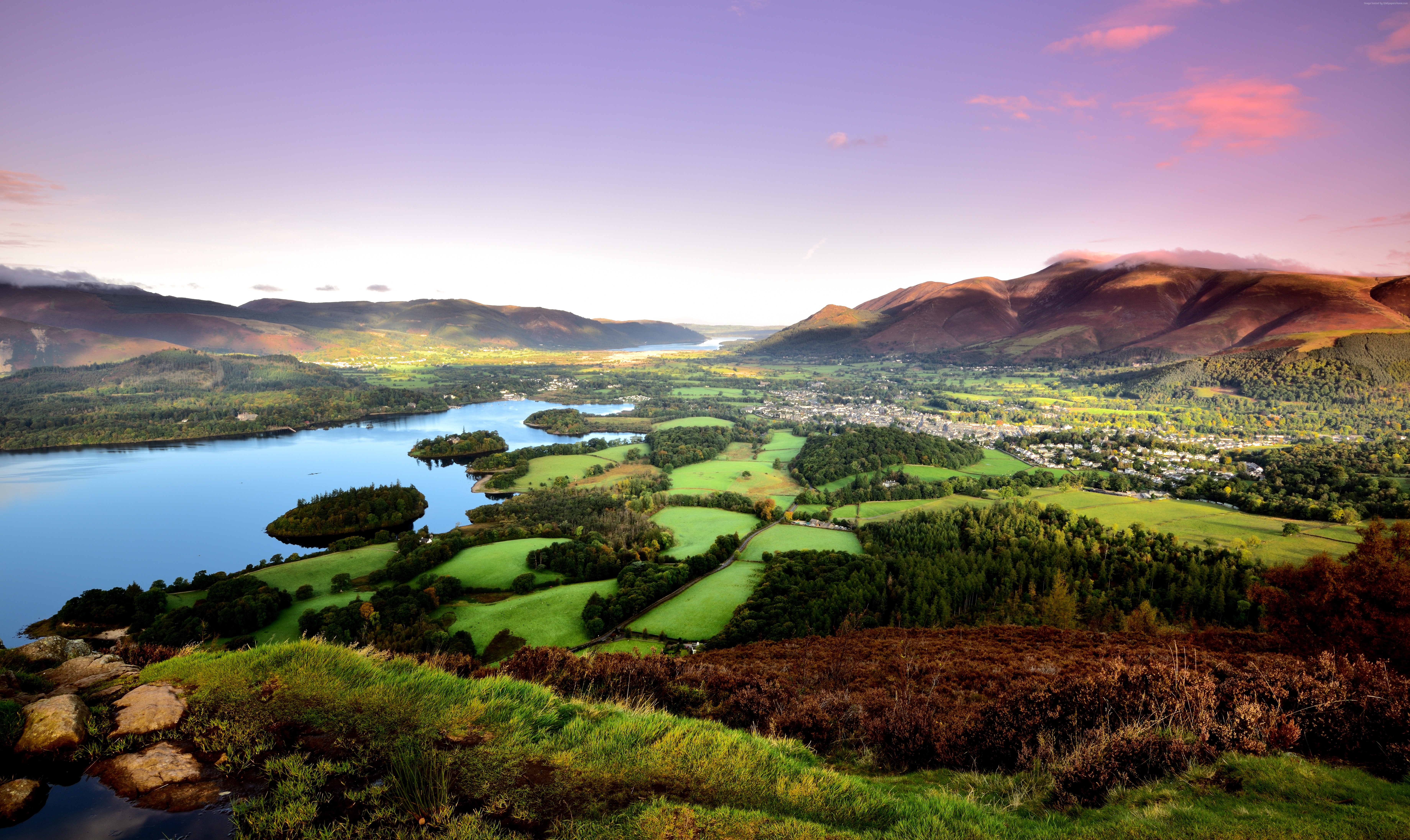 Lake and mountains near Keswick at sunset HD Wallpaper