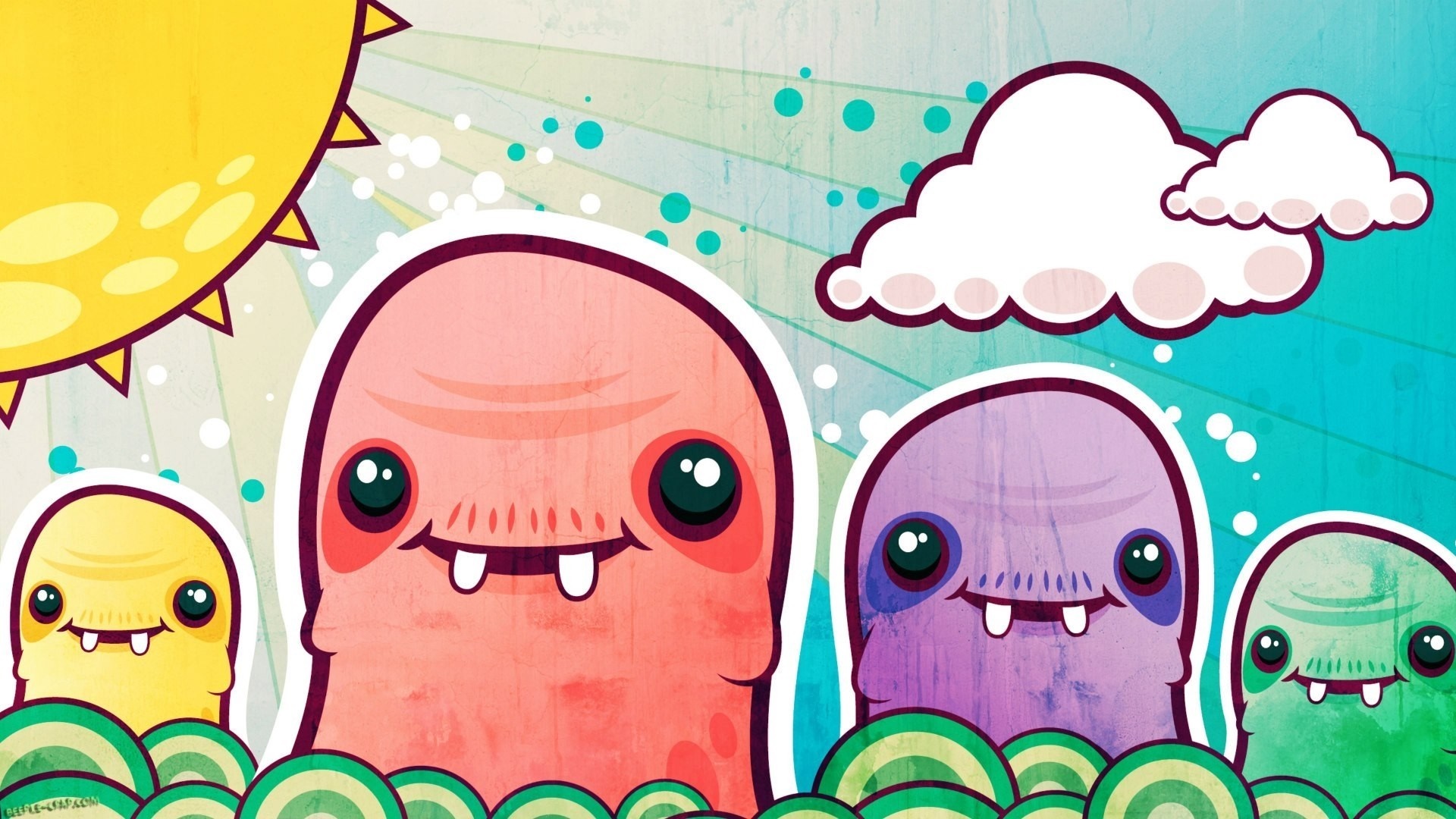 Cartoon monsters under a sun and clouds HD Wallpaper