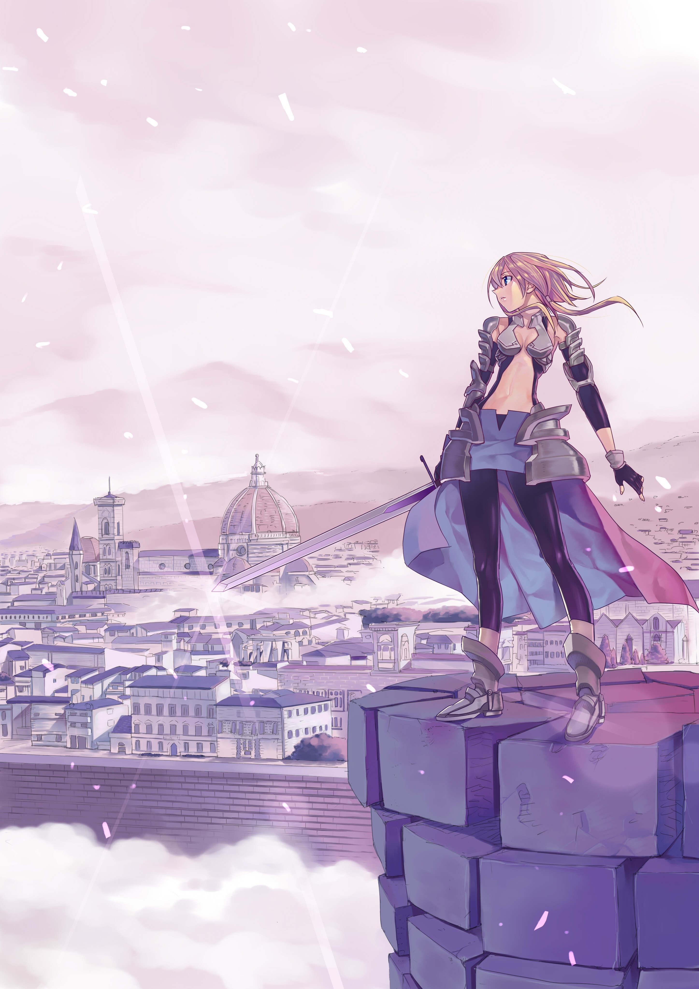 Anime girl in armor with sword overlooking city HD Wallpaper