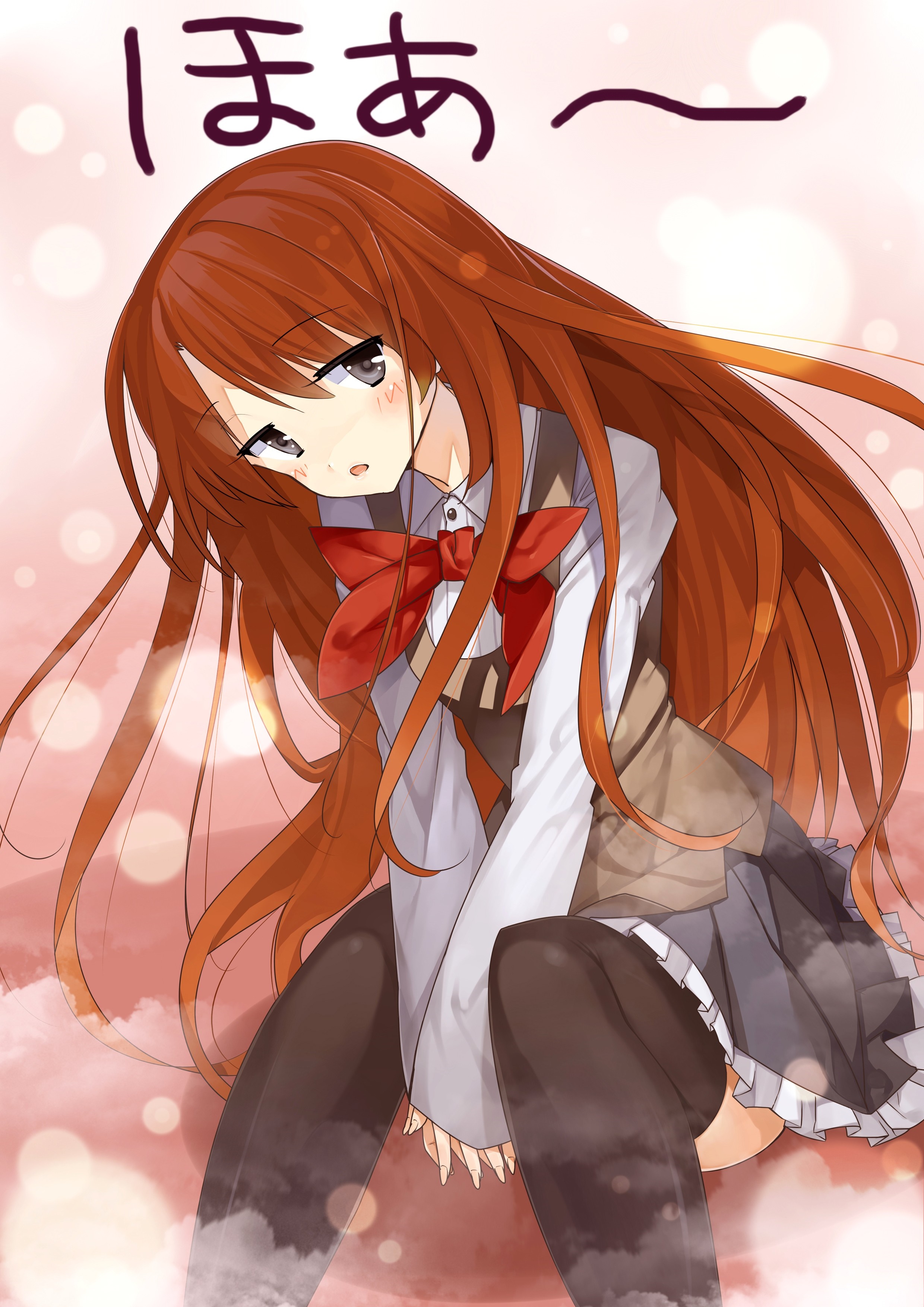 Anime girl with long red hair and red bow HD Wallpaper