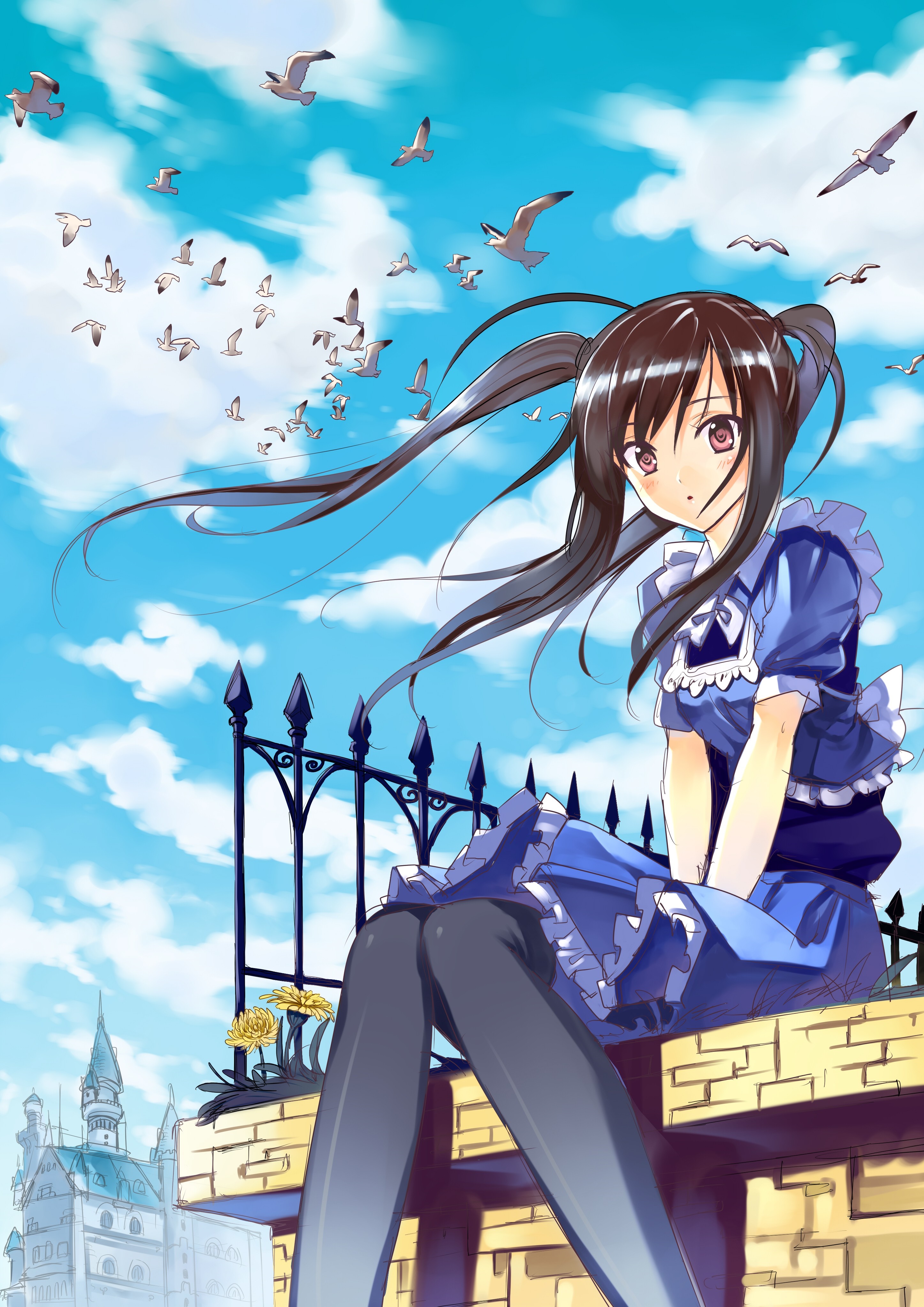 Anime girl with pigtails and blue dress sitting on a wall with birds flying HD Wallpaper