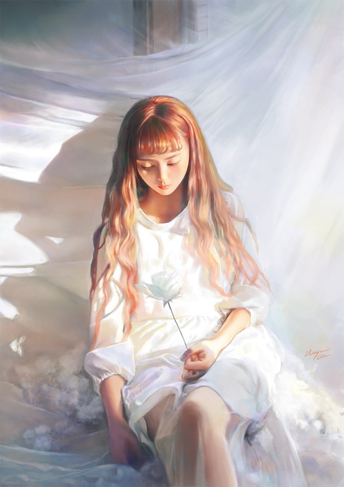 Girl with long hair holding a white flower HD Wallpaper