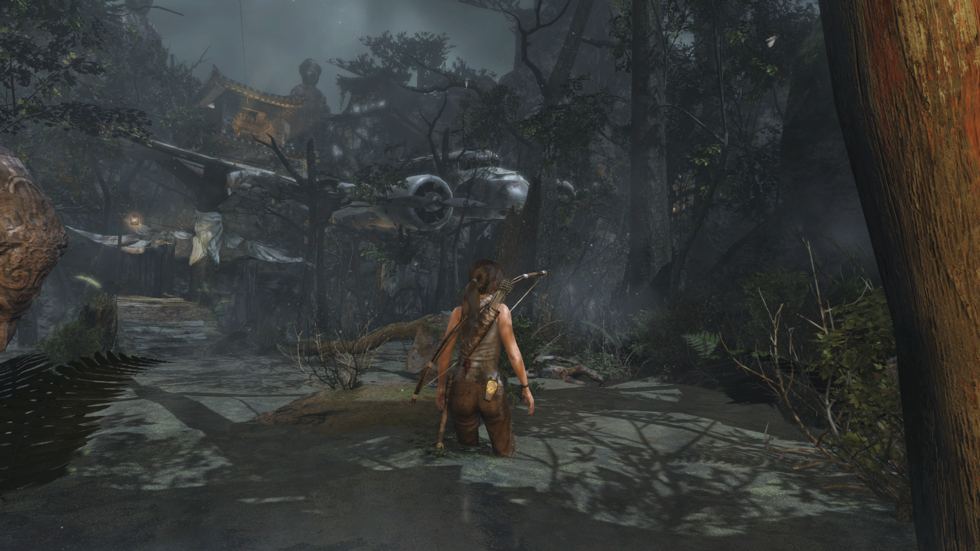 Lara Croft from Tomb Raider in a jungle with a crashed plane HD Wallpaper