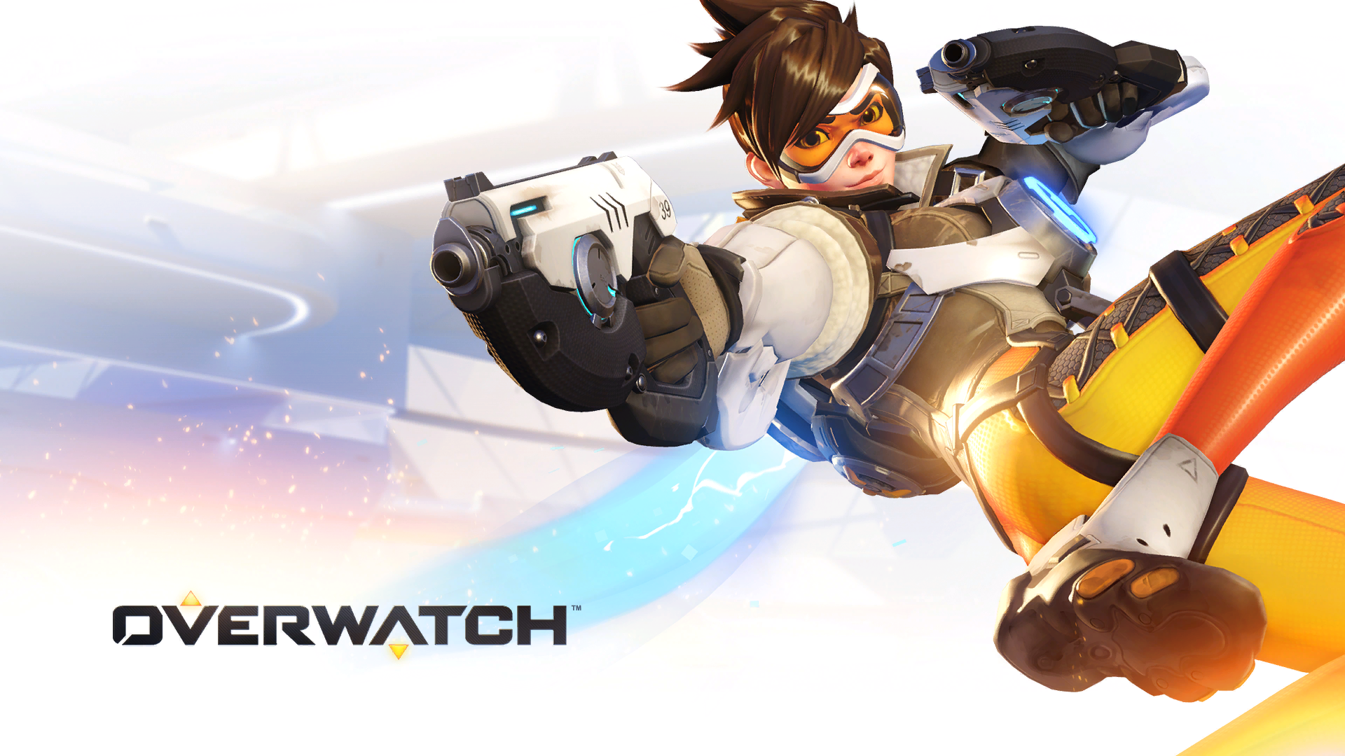 Tracer from Overwatch holding guns HD Wallpaper