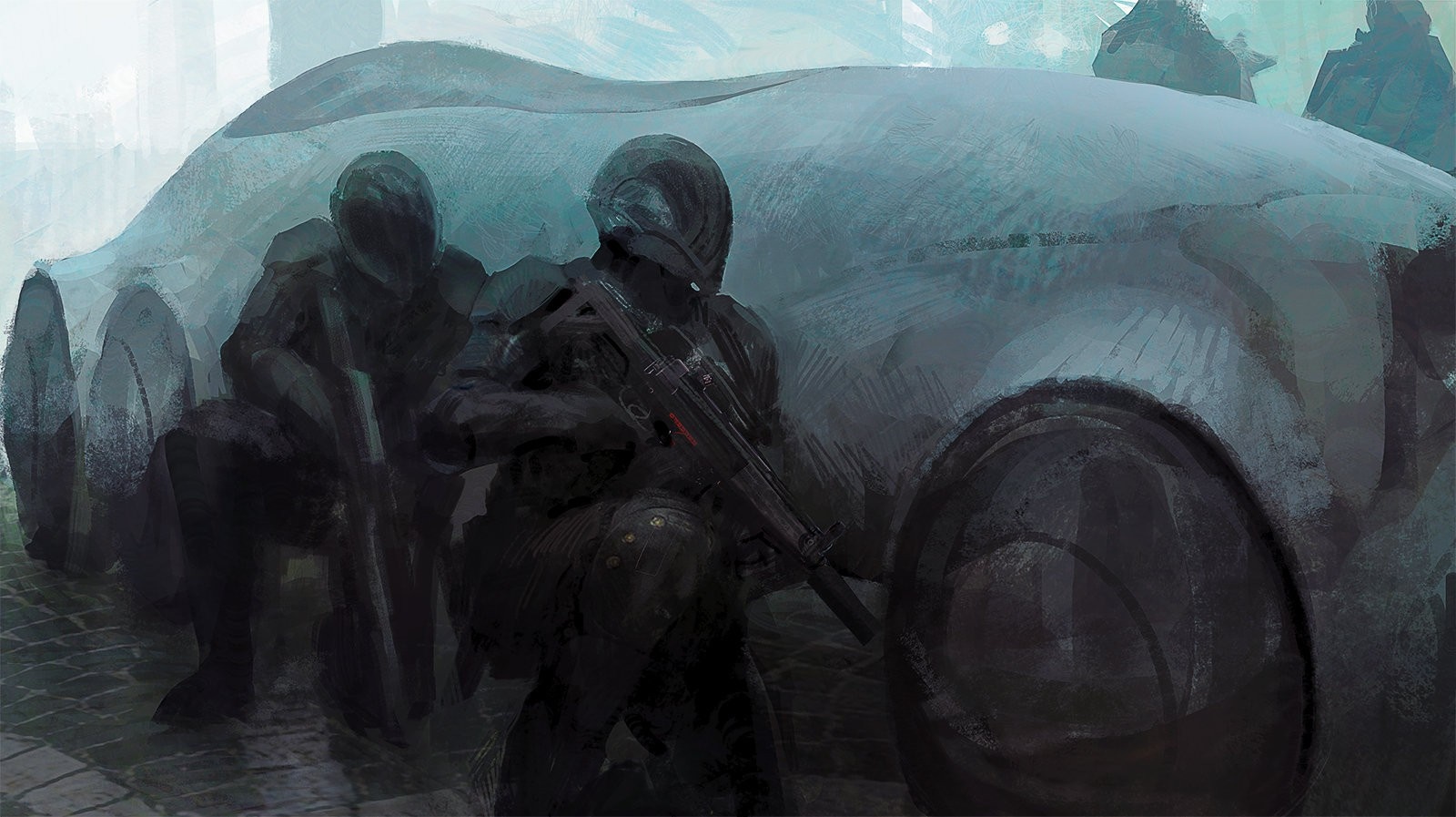 Futuristic soldiers with weapons near a vehicle HD Wallpaper
