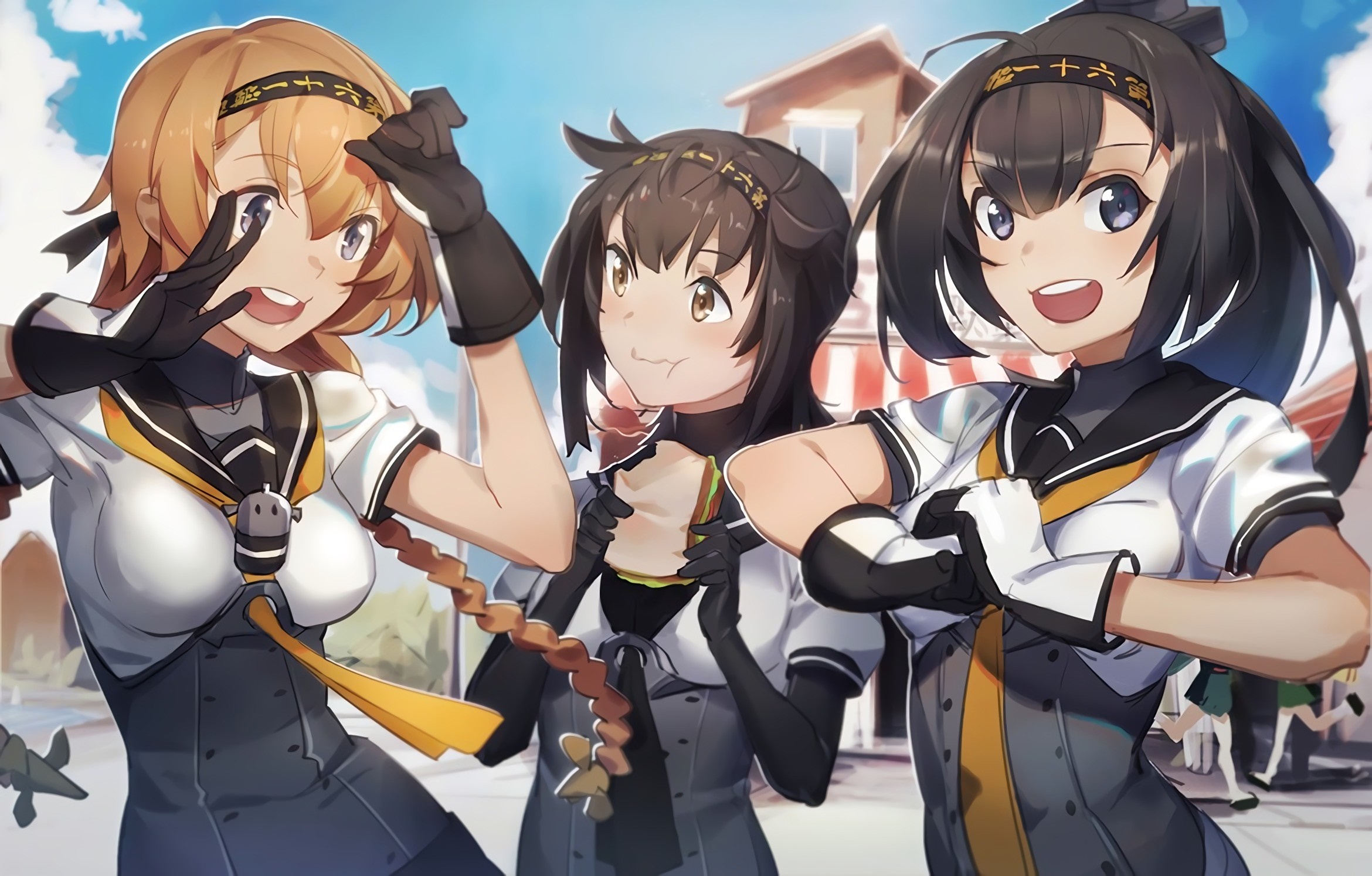 Anime girls from Kantai Collection in school uniforms HD Wallpaper