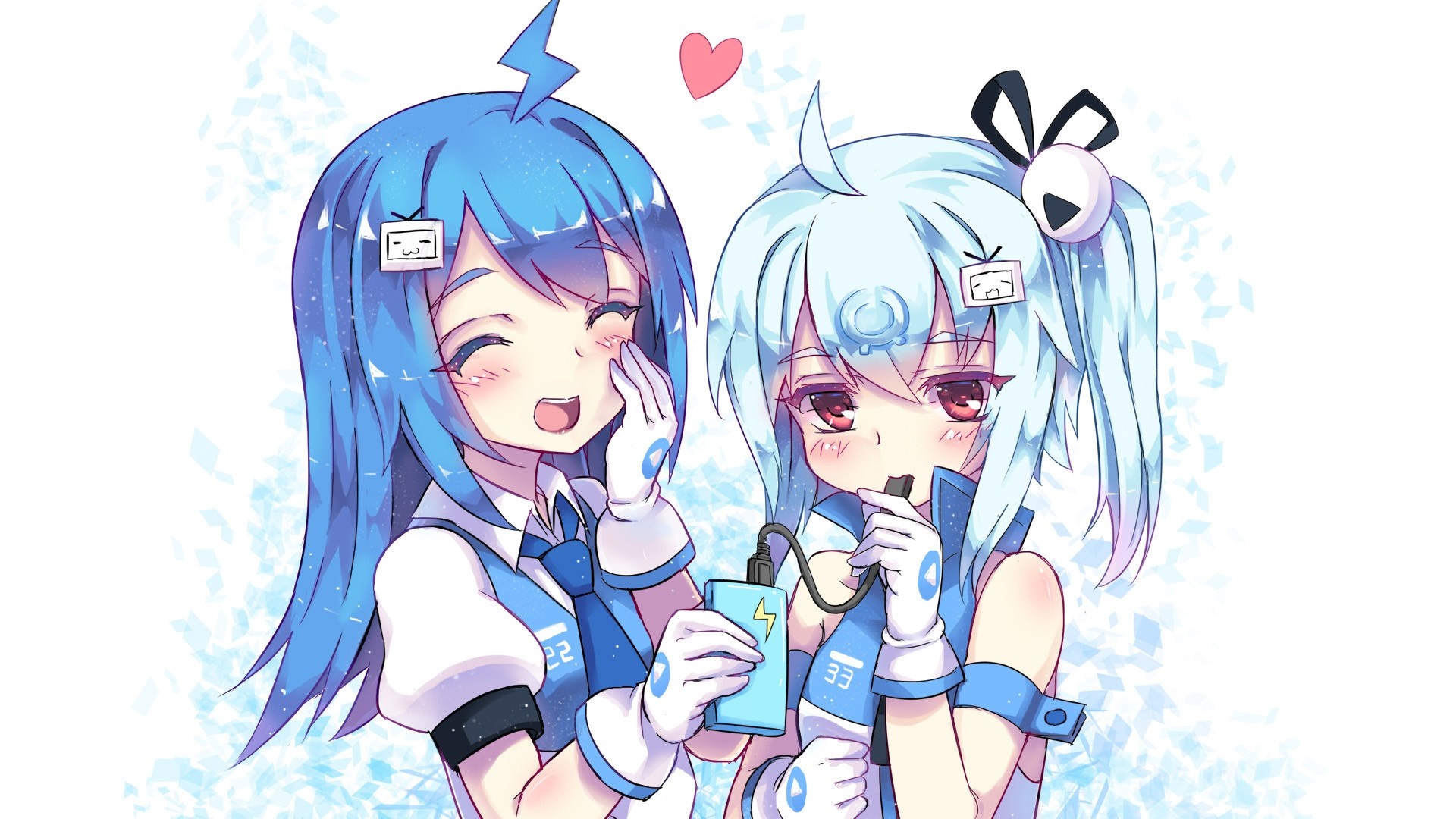 Two anime girls with blue hair and charging power bank HD Wallpaper