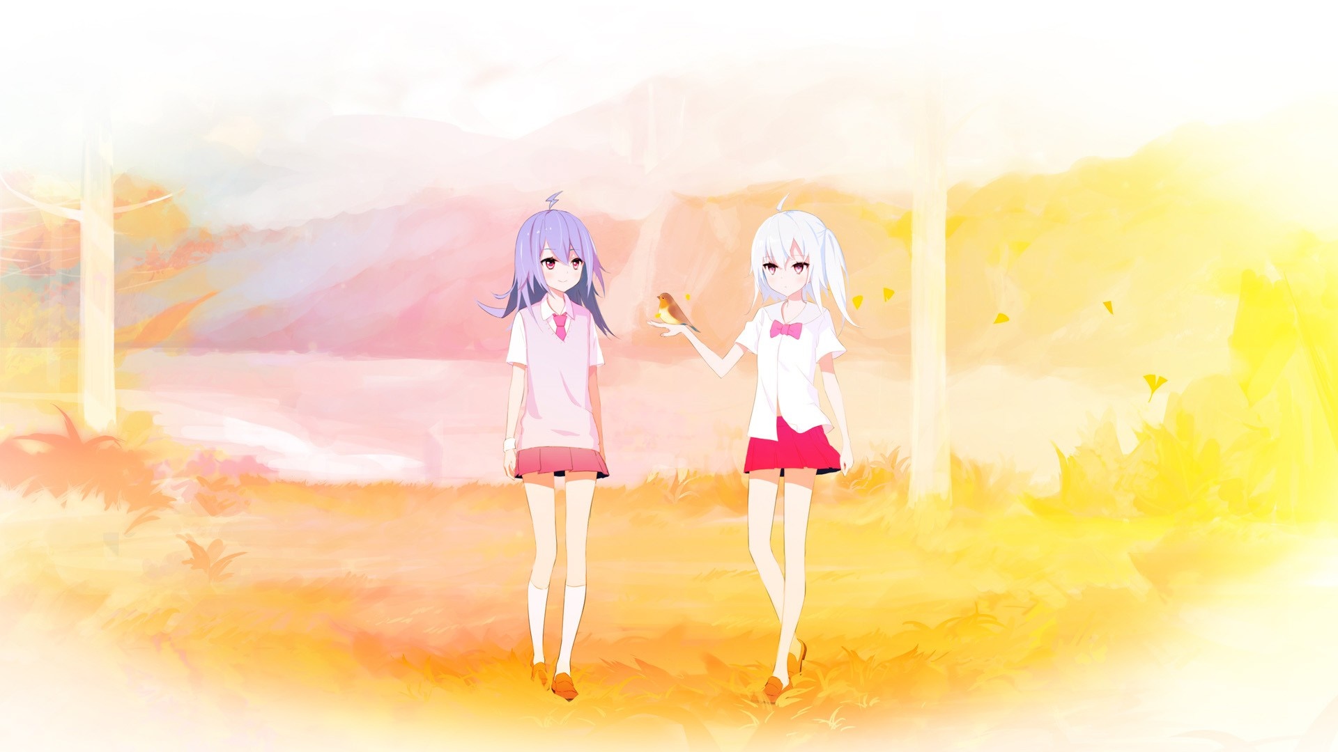 Anime girls with a bird in a watercolor landscape HD Wallpaper