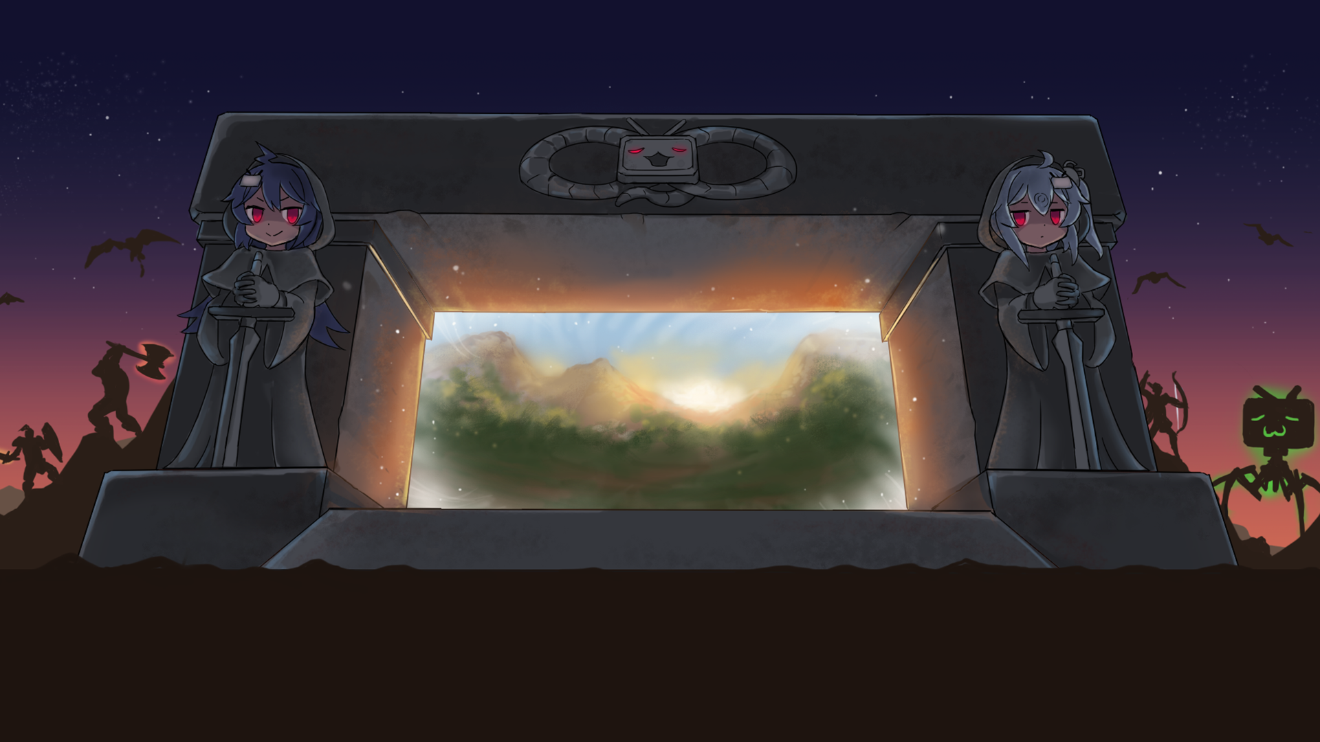 Anime girls guarding a portal to a mountain landscape HD Wallpaper