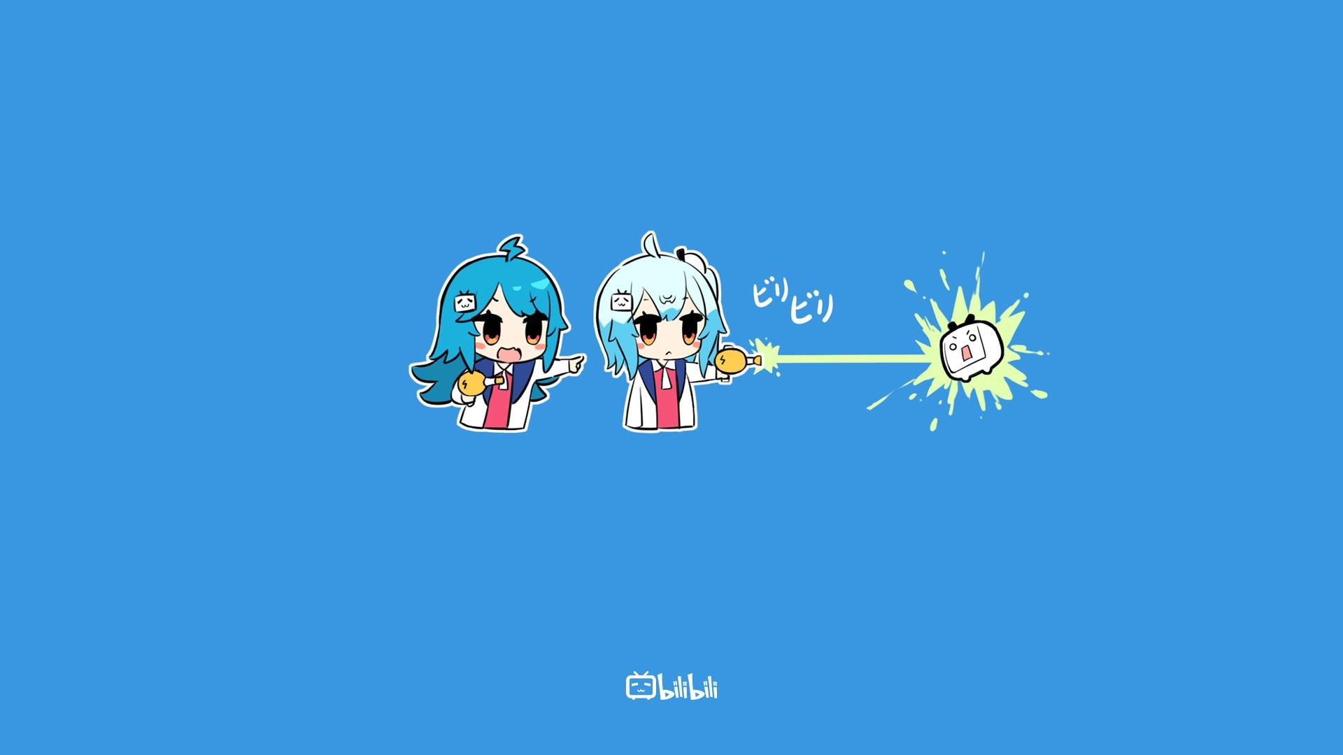 Two anime girls shooting a water gun at a character HD Wallpaper