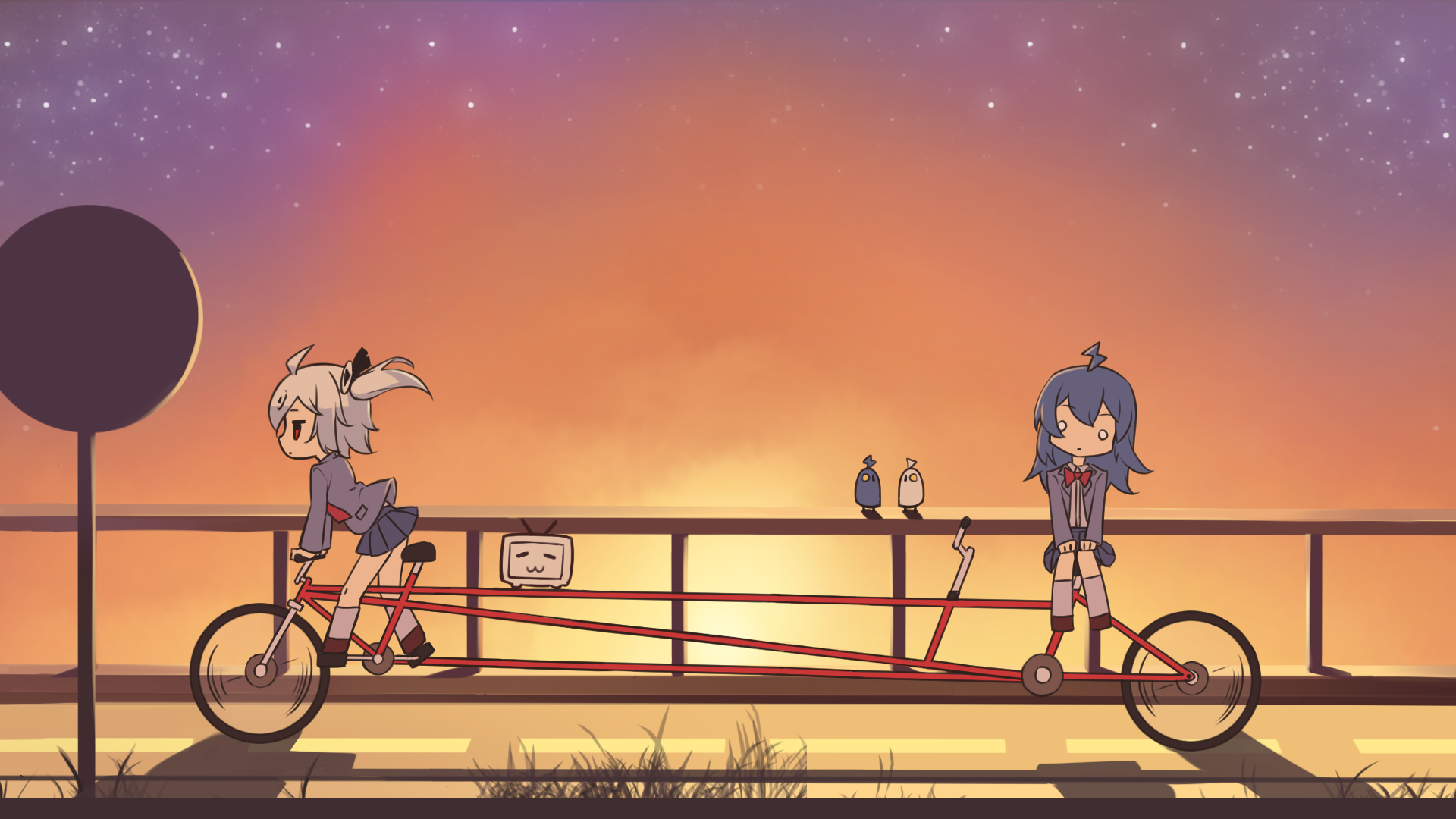 Two Anime Girls on a Tandem Bike at Dusk HD Wallpaper