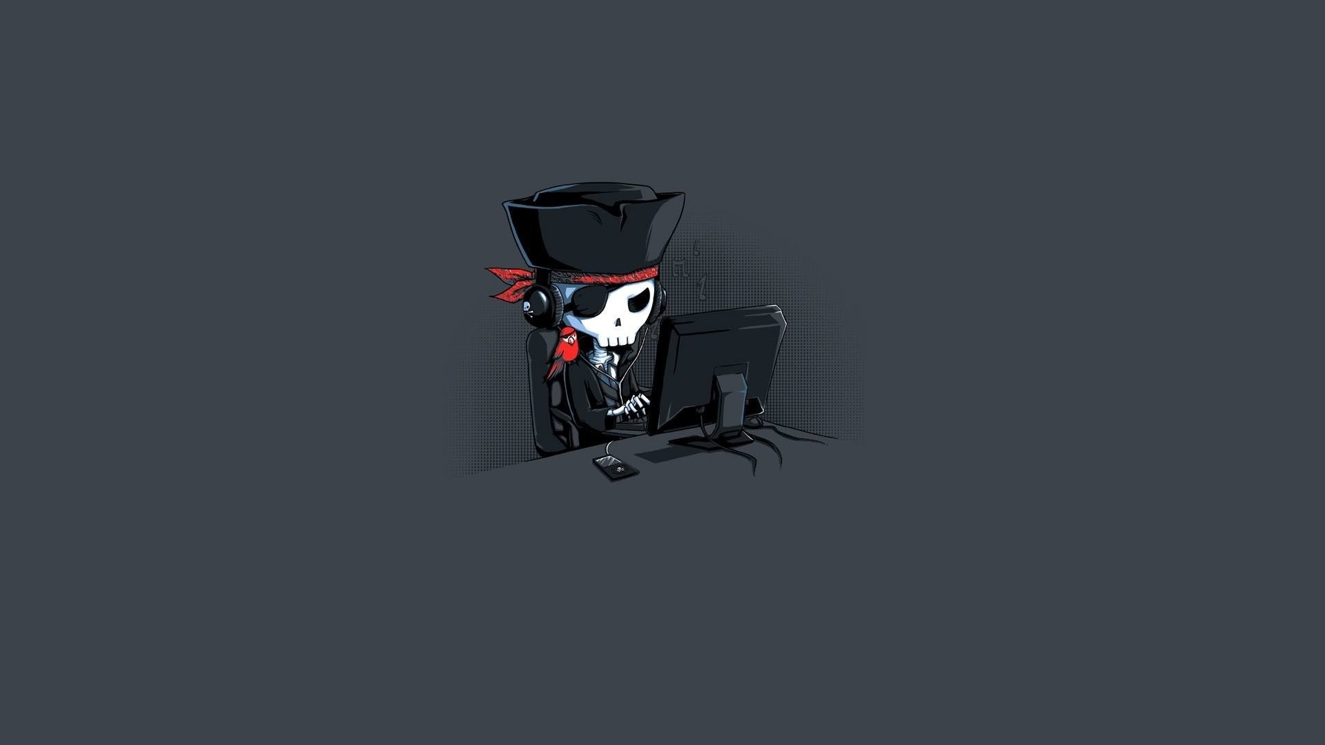 Skeleton pirate hacker at computer HD Wallpaper
