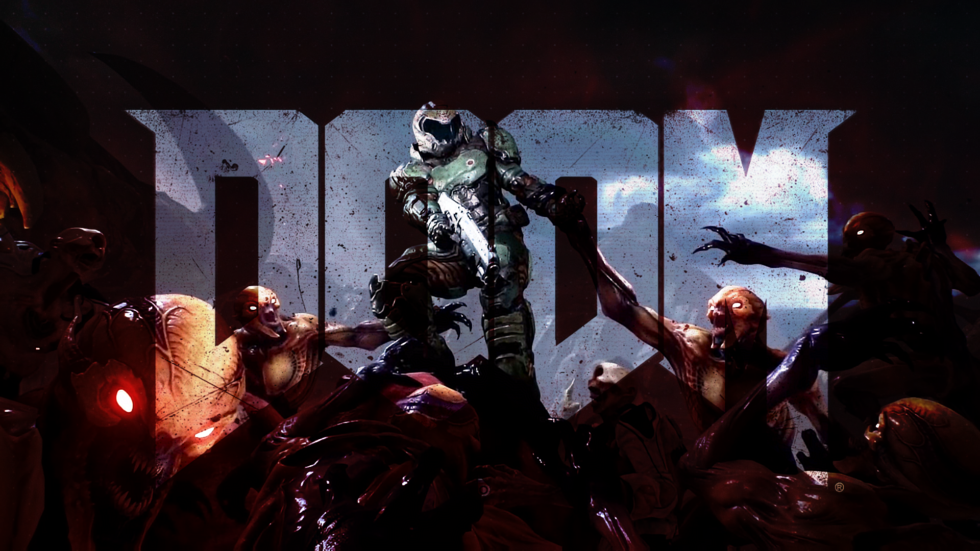 Doom Slayer fighting demons in front of the DOOM logo HD Wallpaper