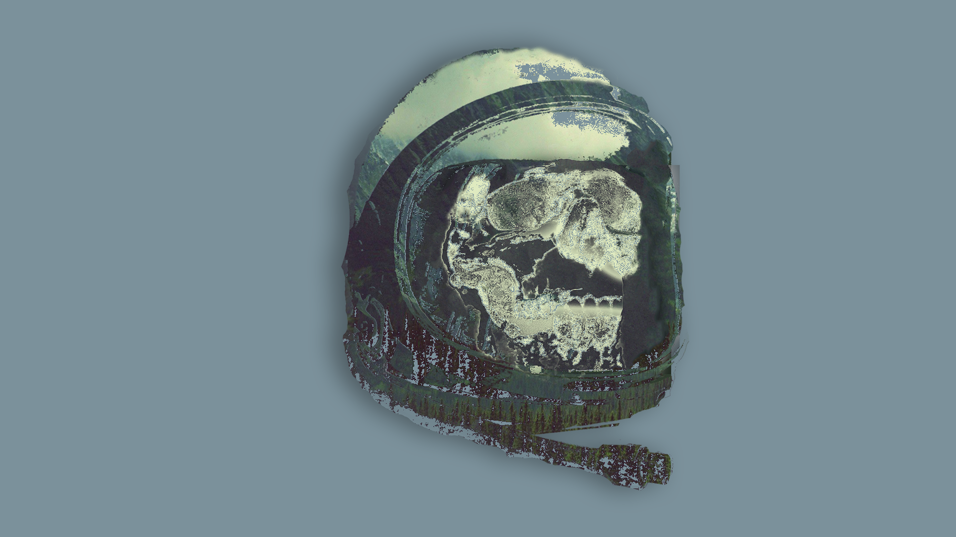 Astronaut helmet with skull and landscape overlay HD Wallpaper