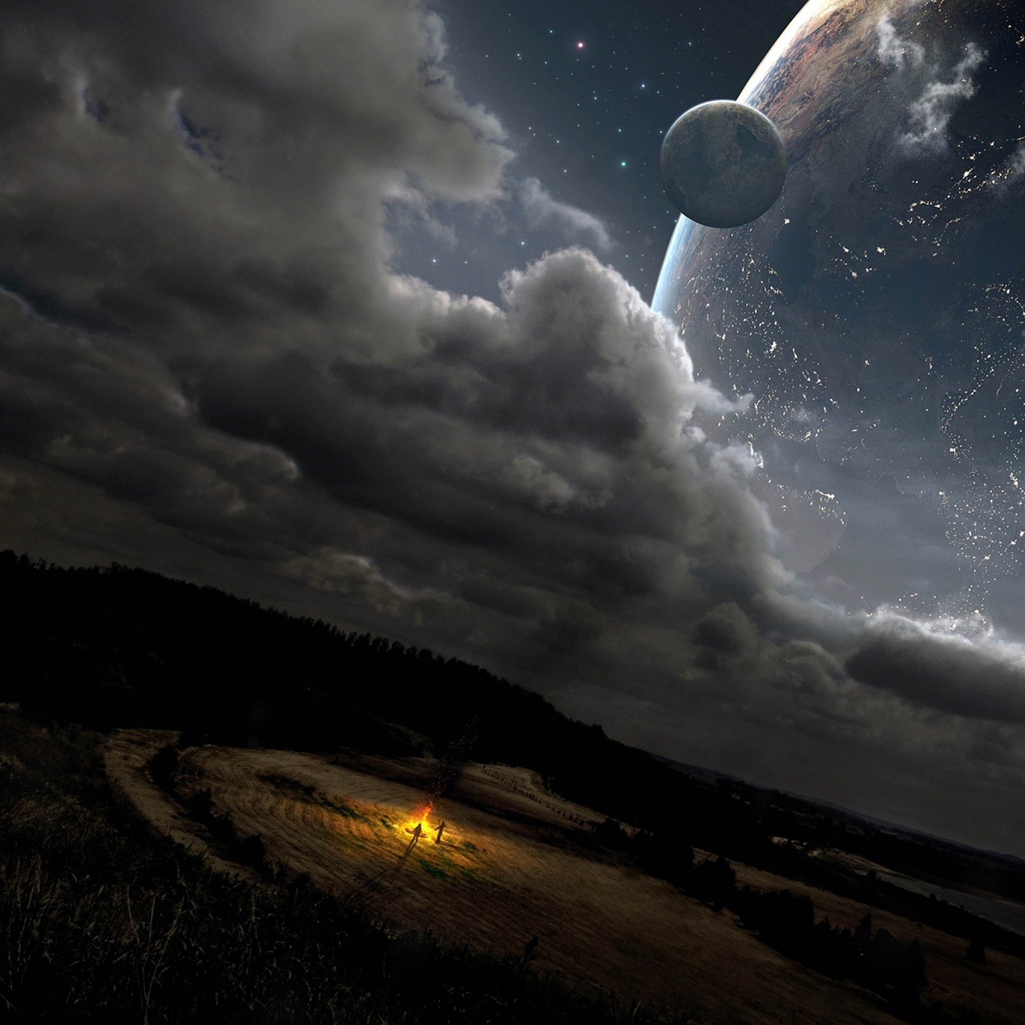 Two figures illuminated by a light in a field under a cloudy night sky with planets HD Wallpaper