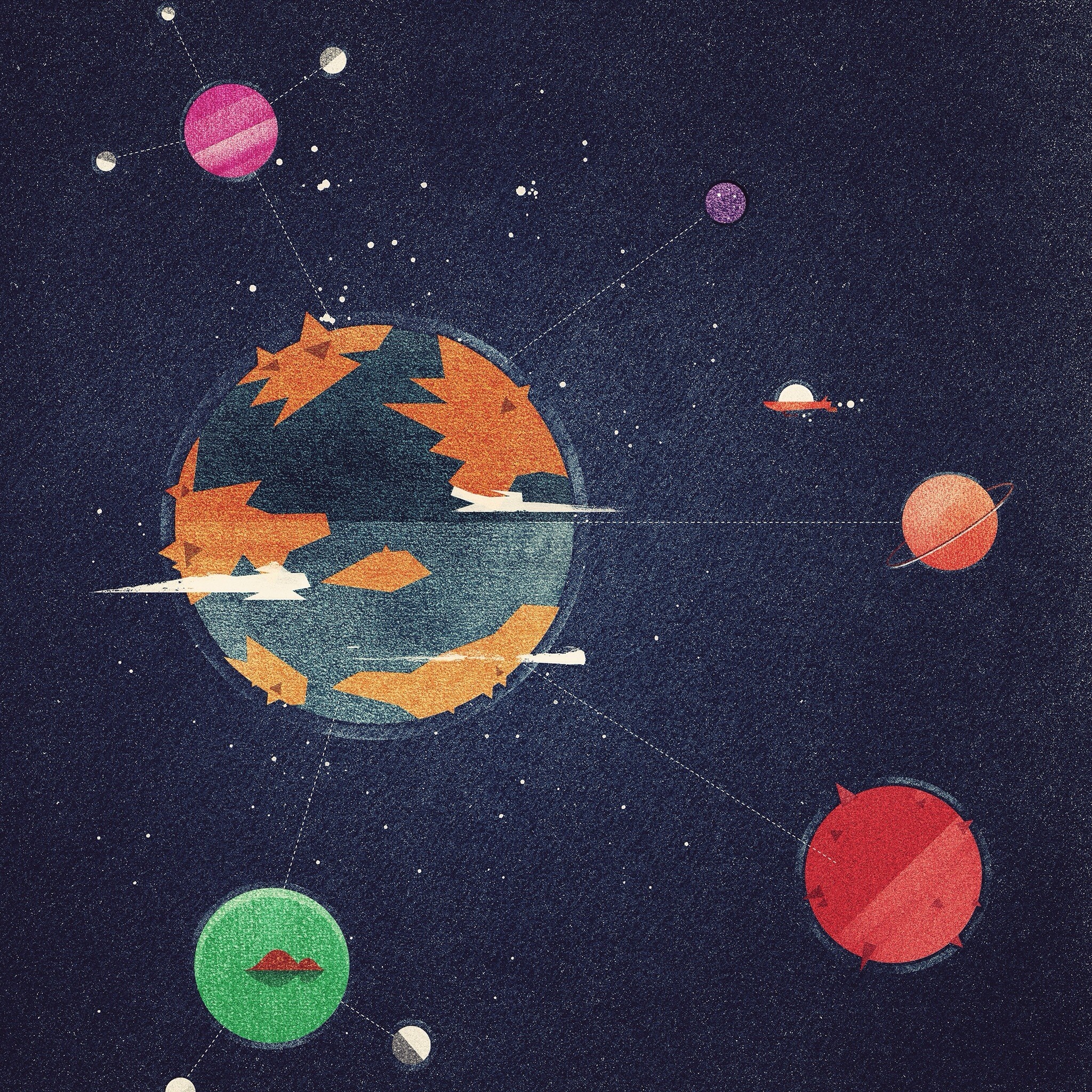 Planets and spaceships in a starry sky HD Wallpaper