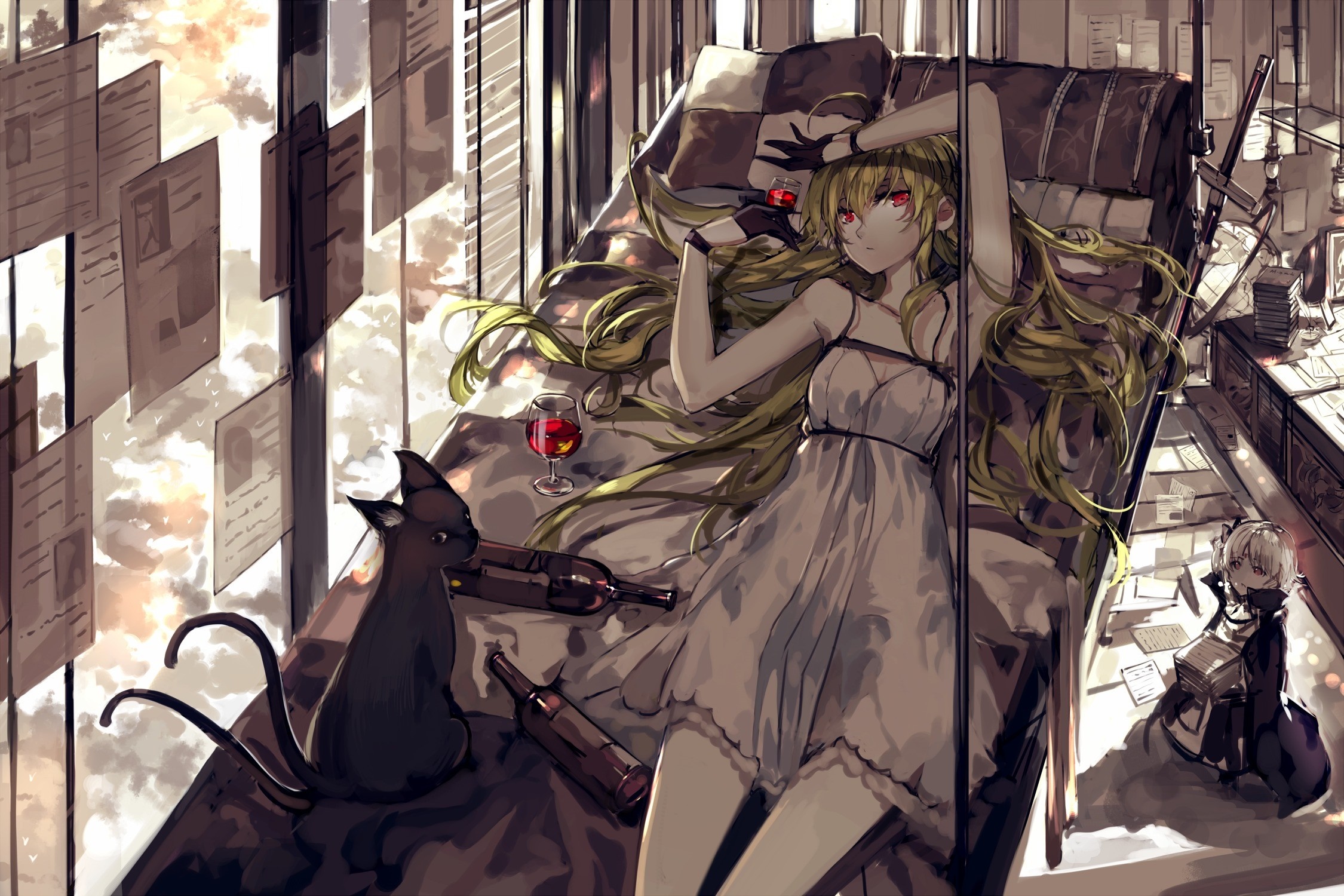 Anime girl with blonde hair and red eyes lying down with a cat HD Wallpaper