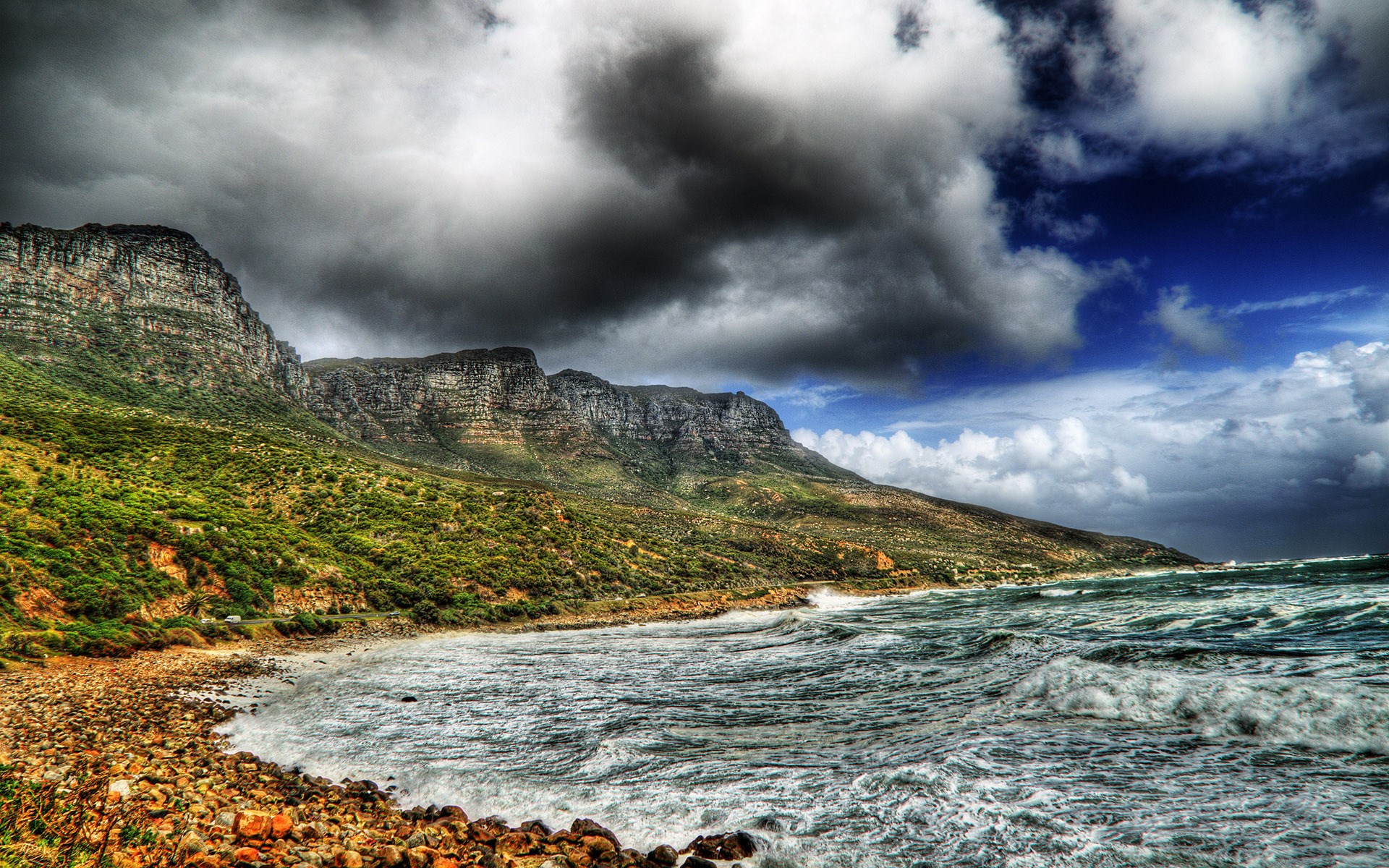 Table Mountain coastline with stormy clouds HD Wallpaper