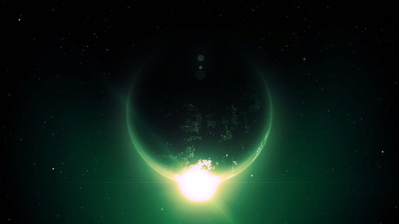 Planet with bright sunrise in deep space HD Wallpaper