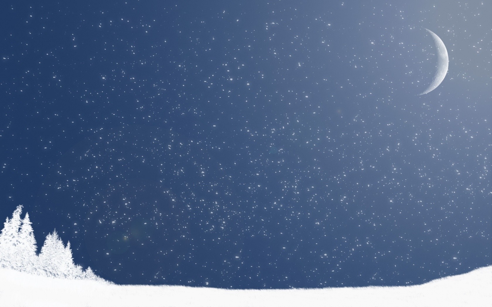Winter night sky with crescent moon and snow-covered trees HD Wallpaper