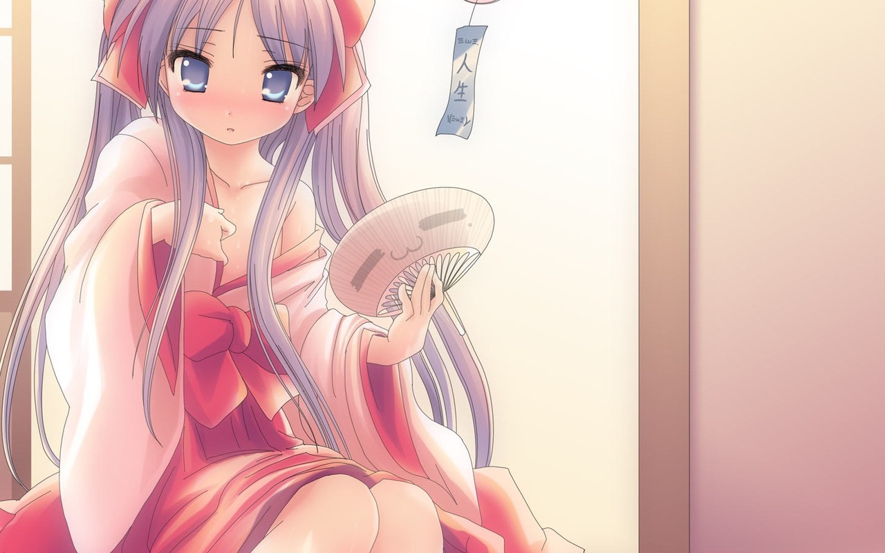 Anime girl in kimono holding a fan HD Wallpaper