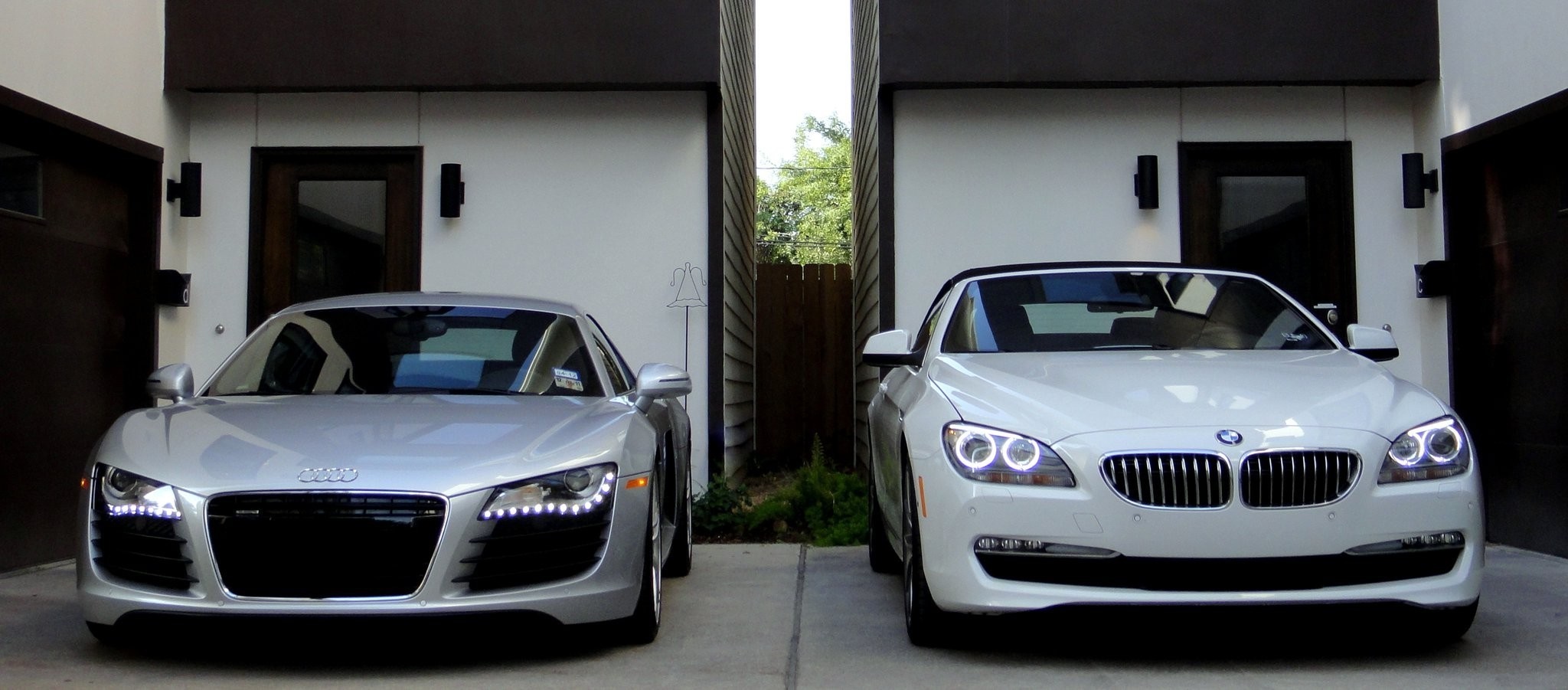 Silver Audi R8 and white BMW 6 Series parked HD Wallpaper