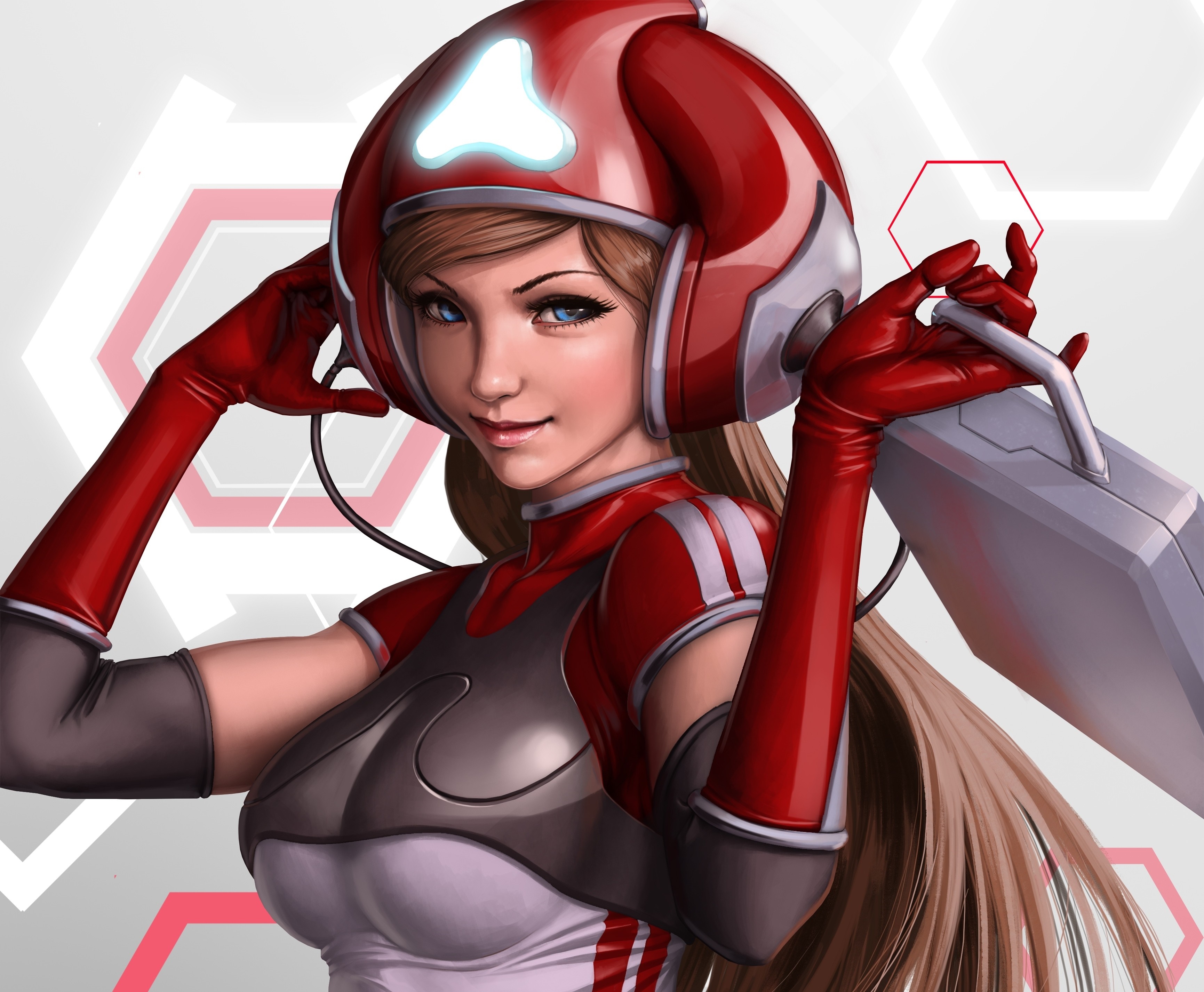 Anime girl in red helmet and gloves holding a case HD Wallpaper