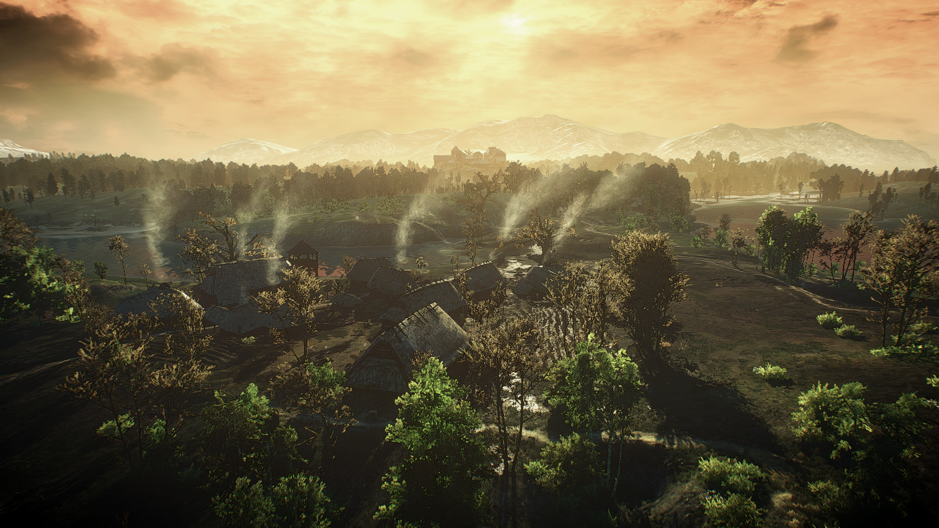 The Witcher 3 Wild Hunt landscape with village and mountains HD Wallpaper