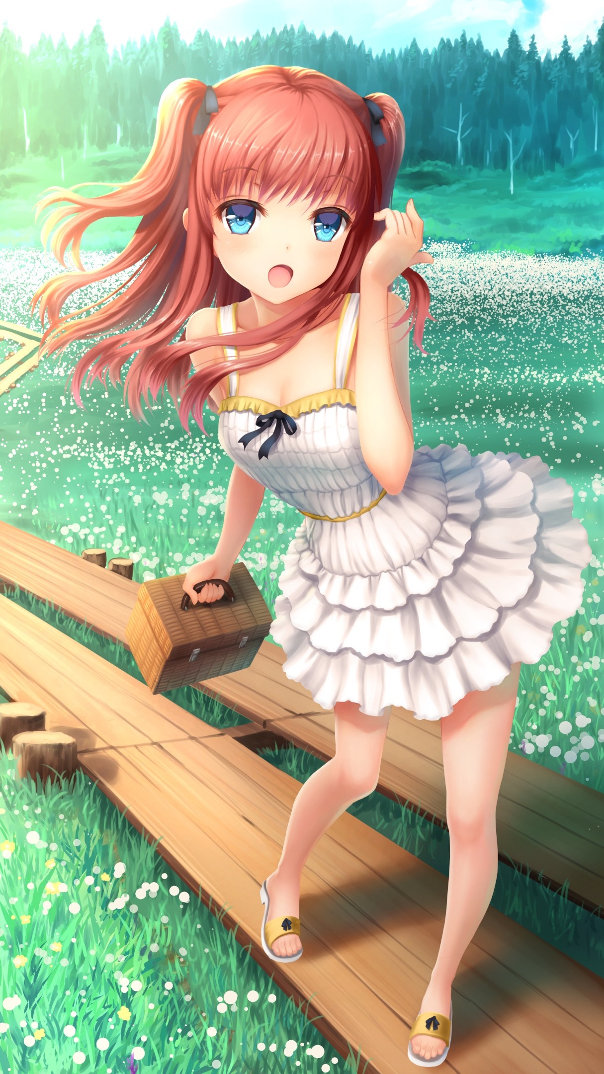 Anime girl with red hair and blue eyes holding a picnic basket HD Wallpaper