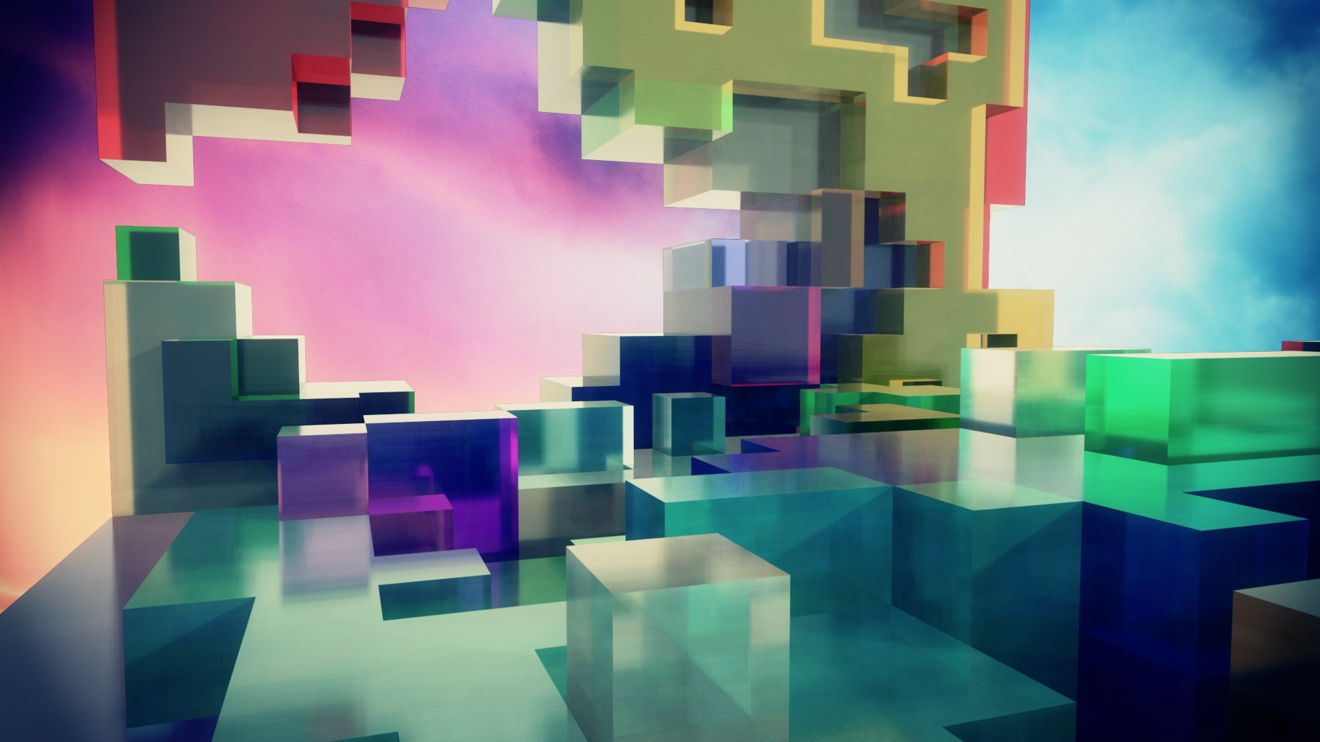 Abstract voxel art with colorful cubes and sky HD Wallpaper