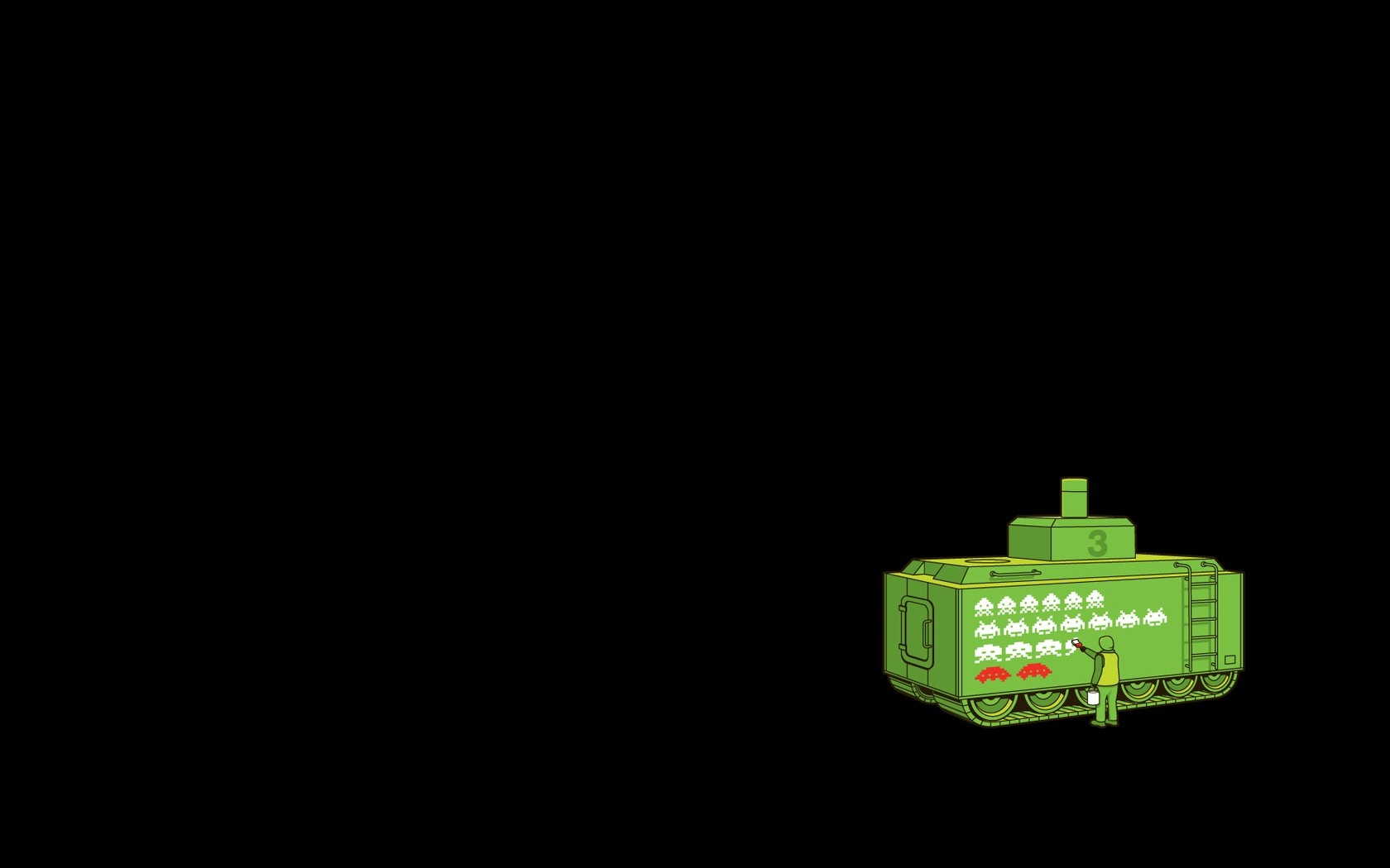 Green tank being painted with Space Invaders HD Wallpaper
