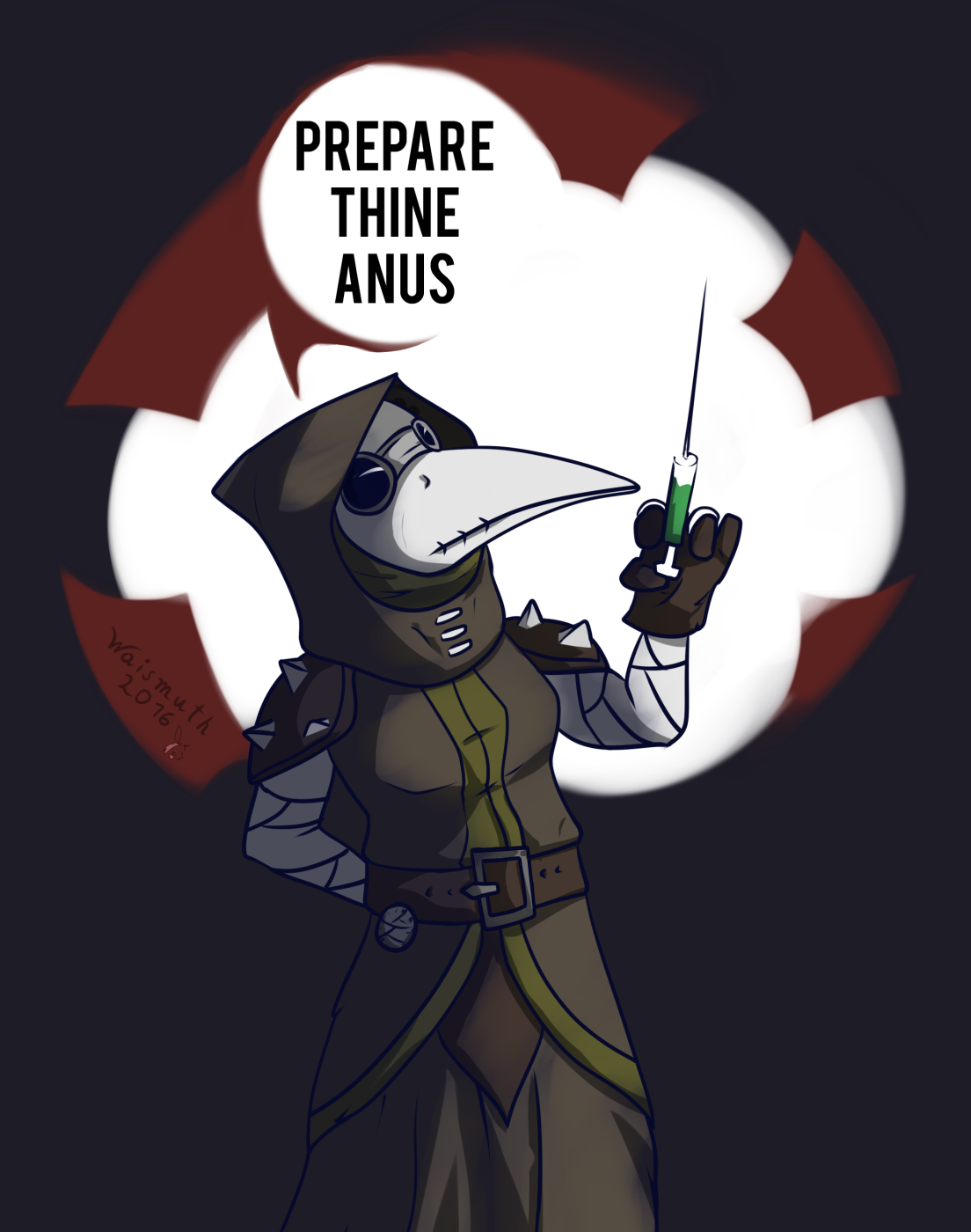 Plague doctor with syringe and text HD Wallpaper