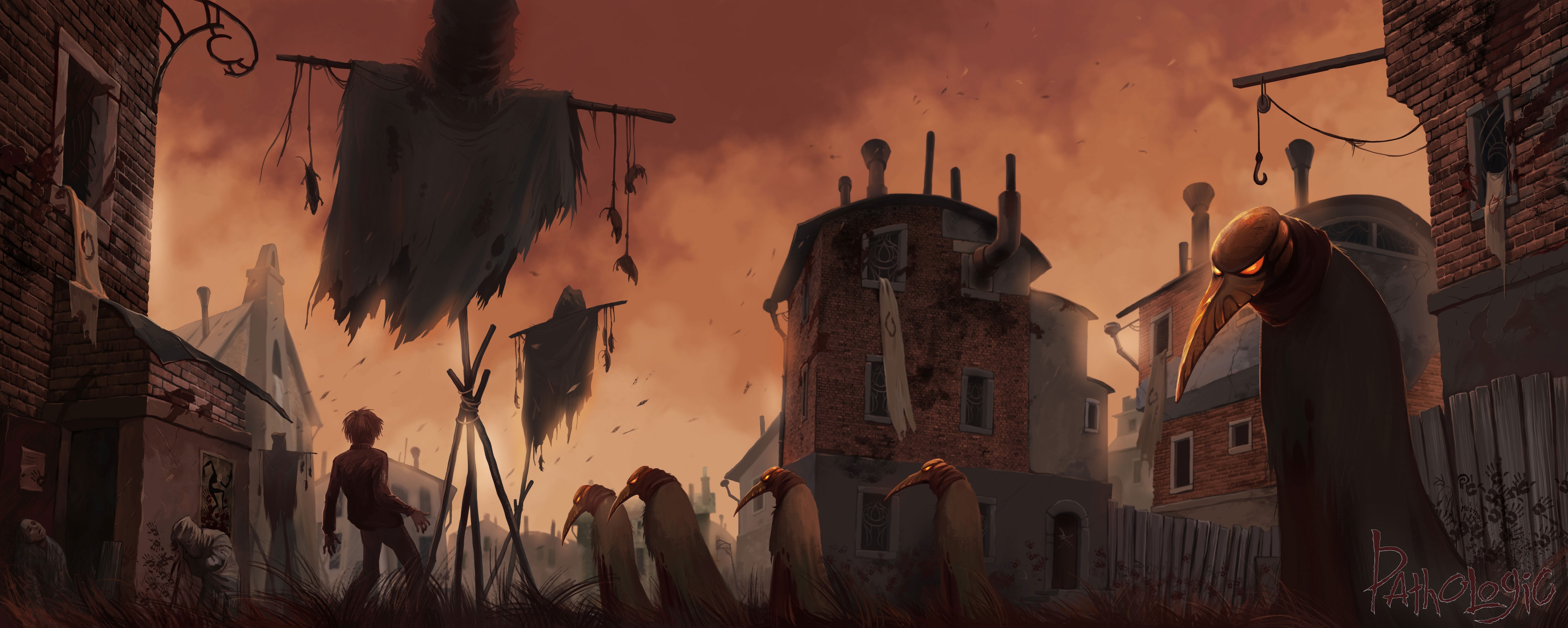 Pathologic screenshot of plague doctors in a desolate town HD Wallpaper