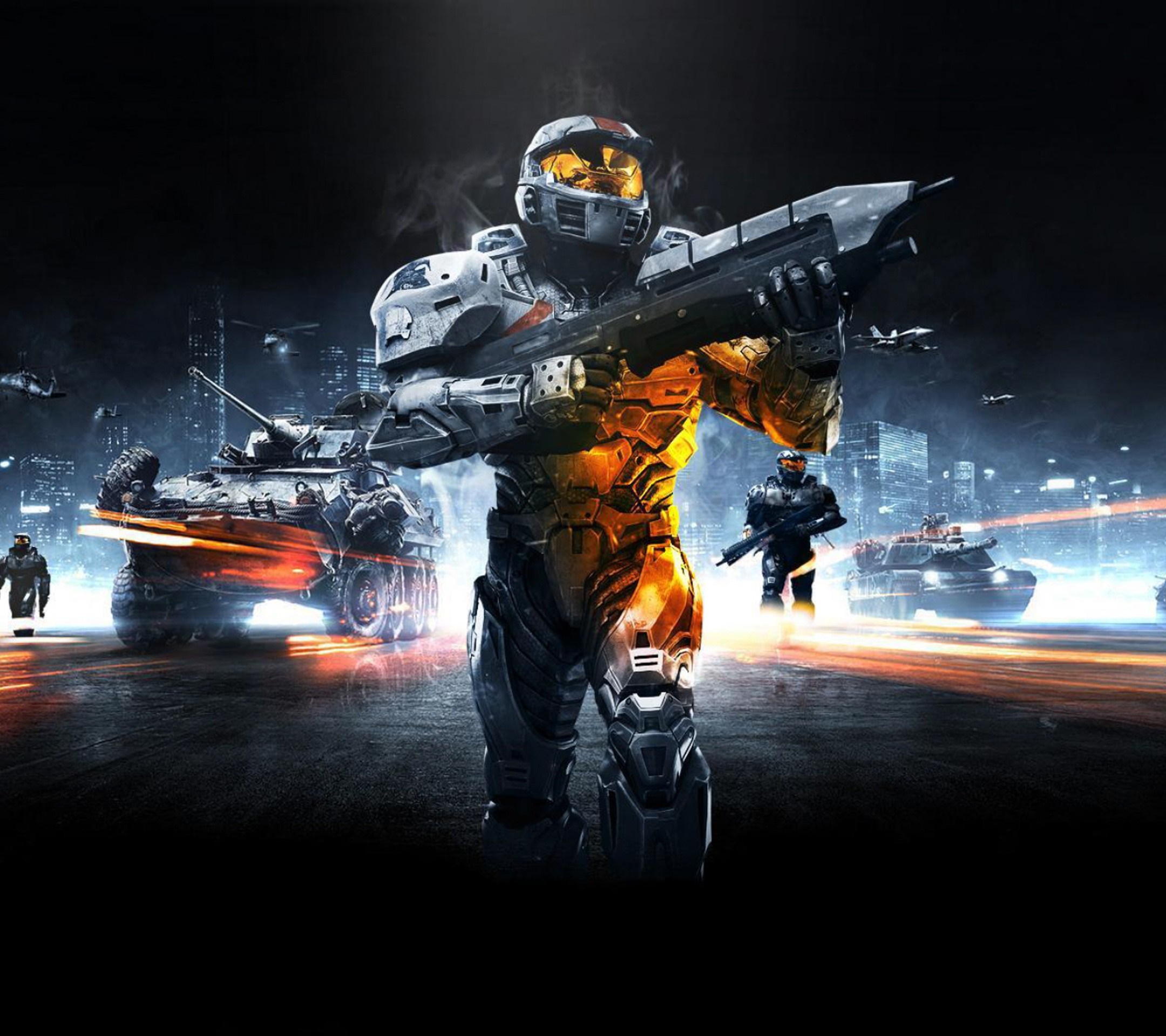 Soldiers and tanks in a futuristic city battle HD Wallpaper
