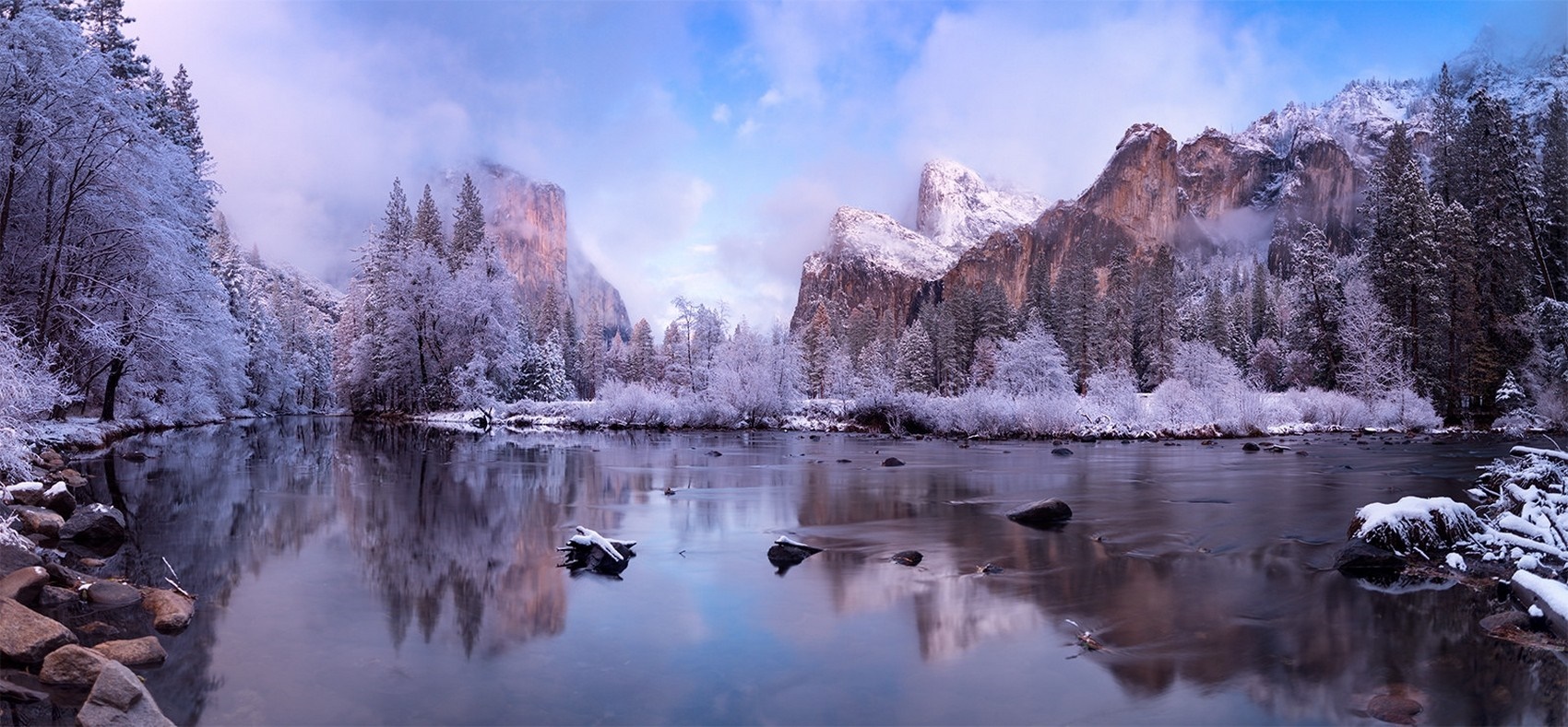 Winter Landscape of Yosemite National Park with River and Mountains HD Wallpaper