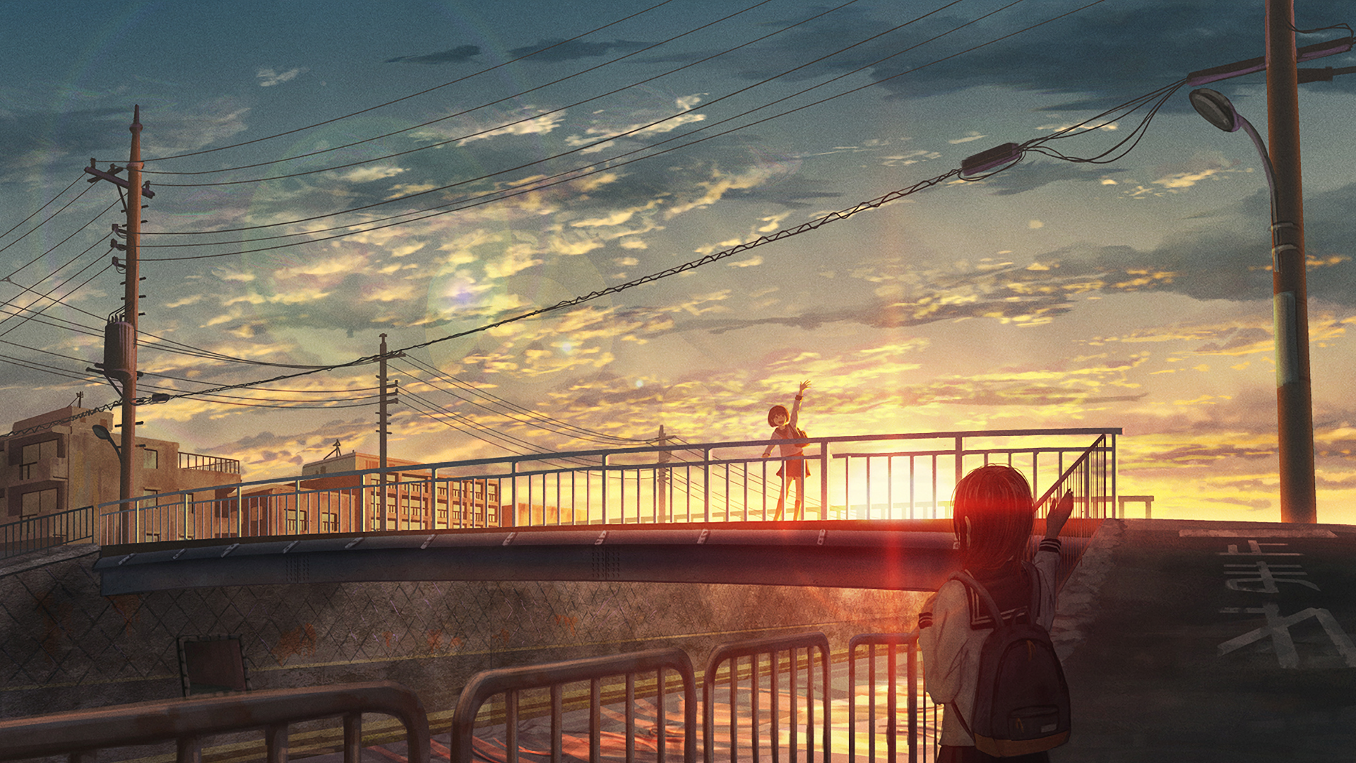 Anime girls on a bridge at sunset cityscape HD Wallpaper