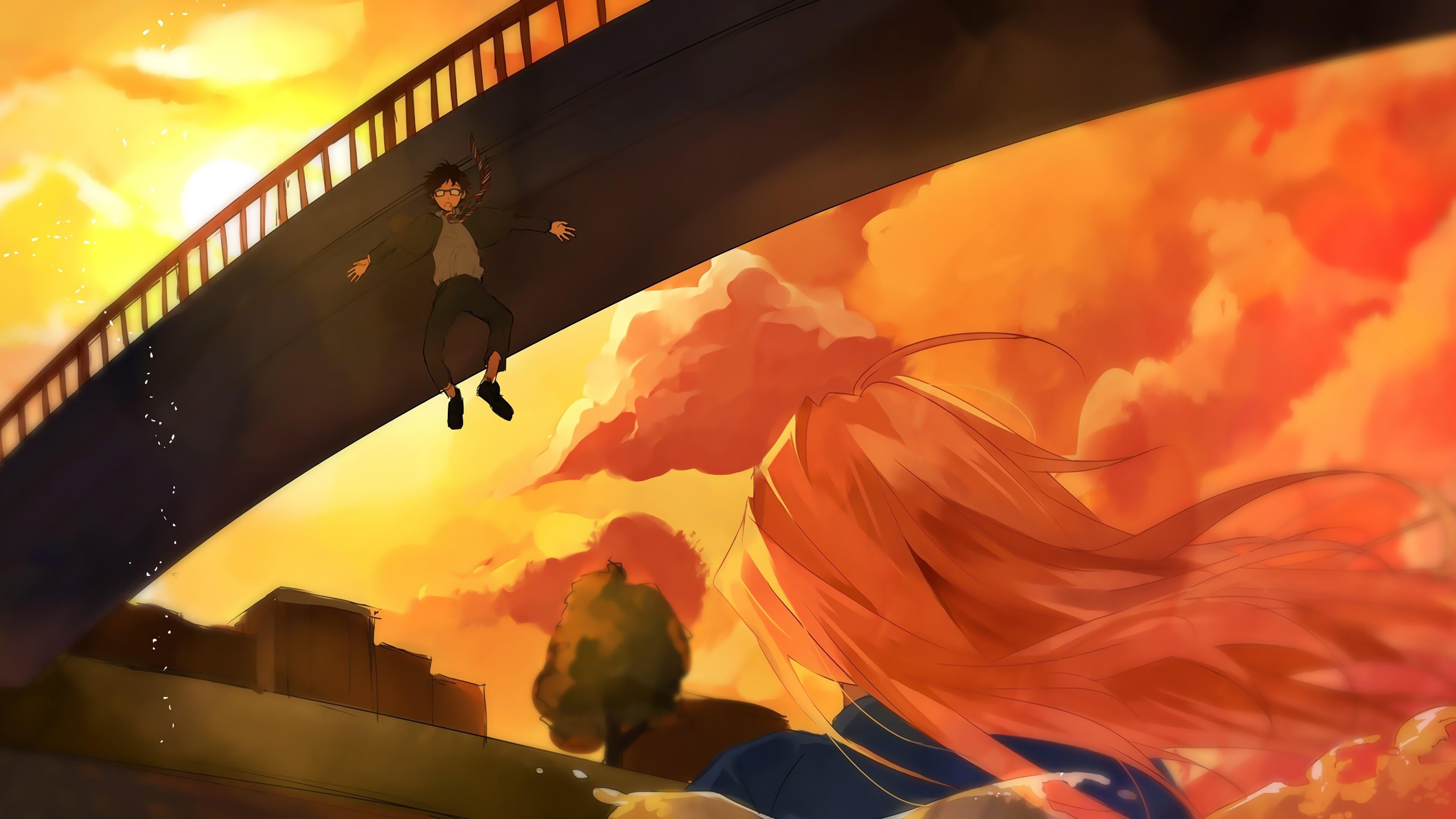 Arima Kousei falling from a bridge at sunset HD Wallpaper