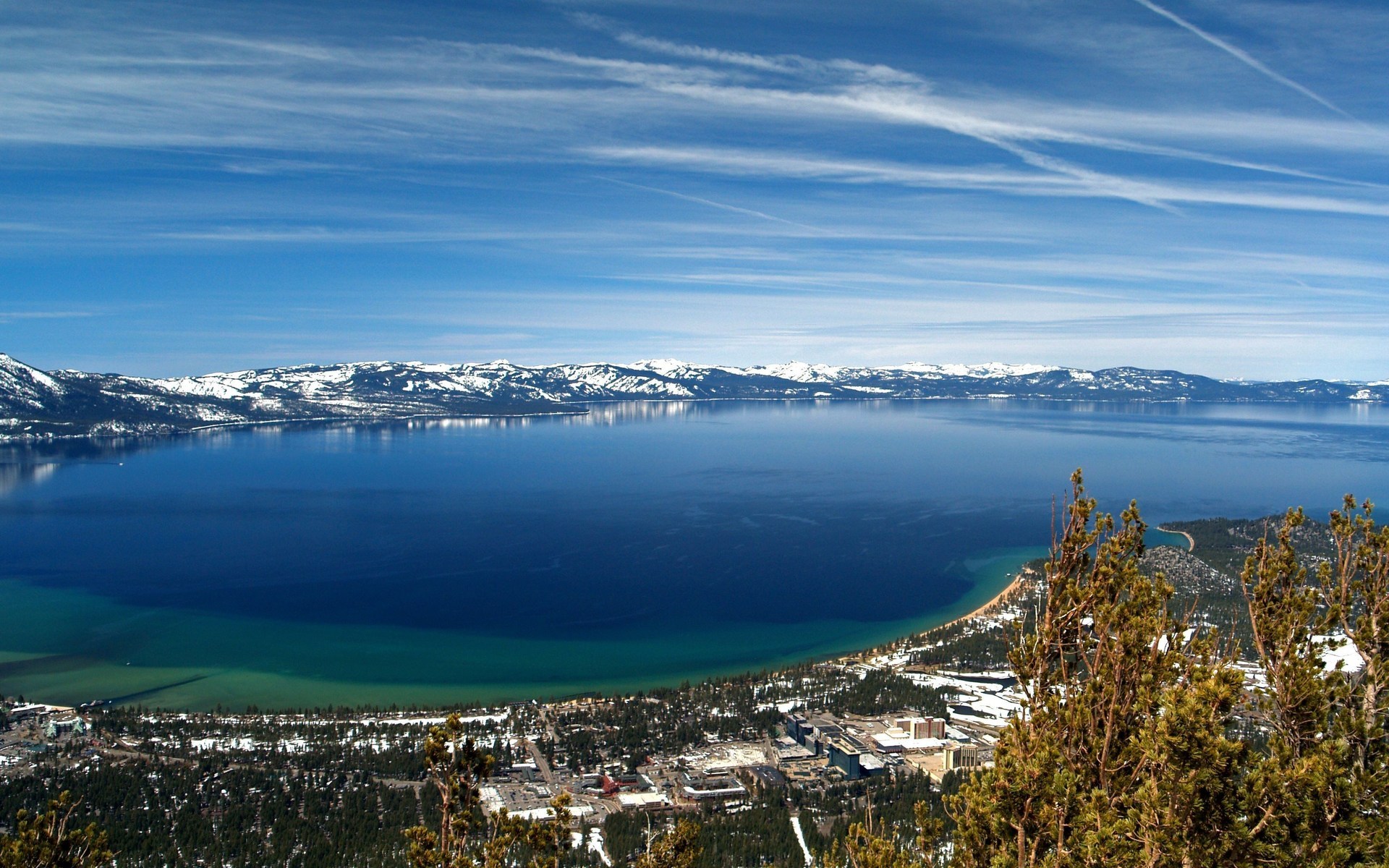 Lake Tahoe with snow-capped mountains and trees HD Wallpaper