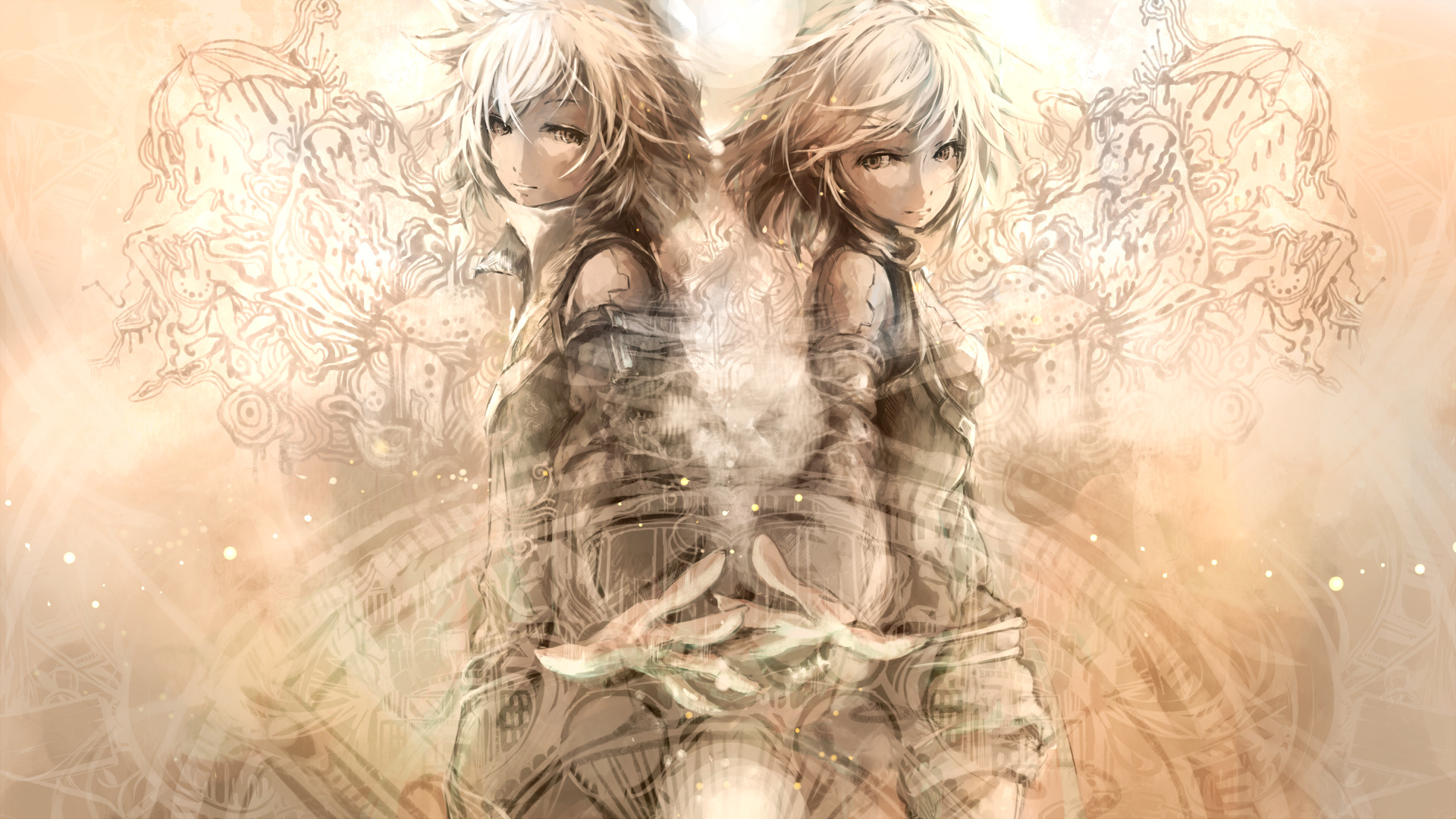 Two anime girls with white hair in a symmetrical pose HD Wallpaper