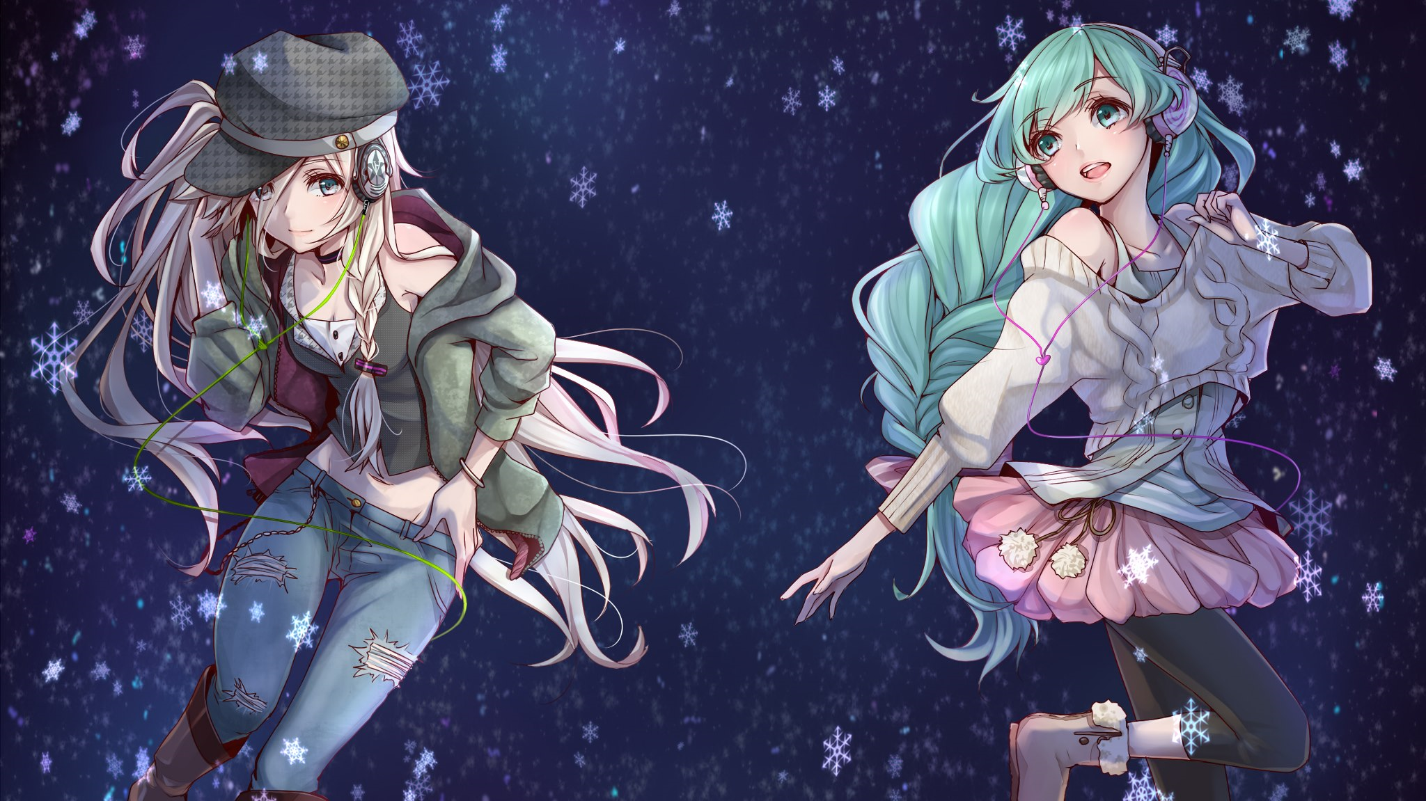 Two anime girls with headphones in a snowy background HD Wallpaper
