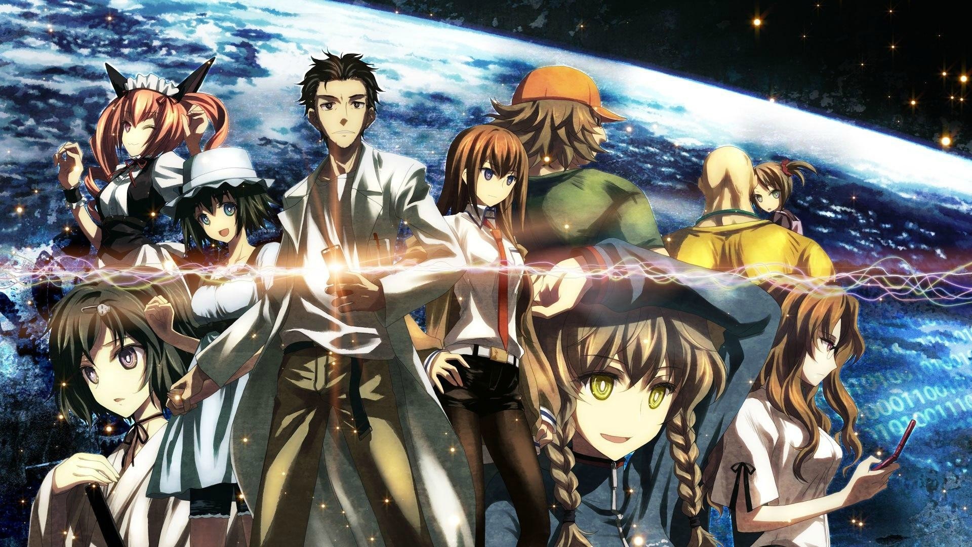 Steins;Gate characters in front of Earth and binary code HD Wallpaper