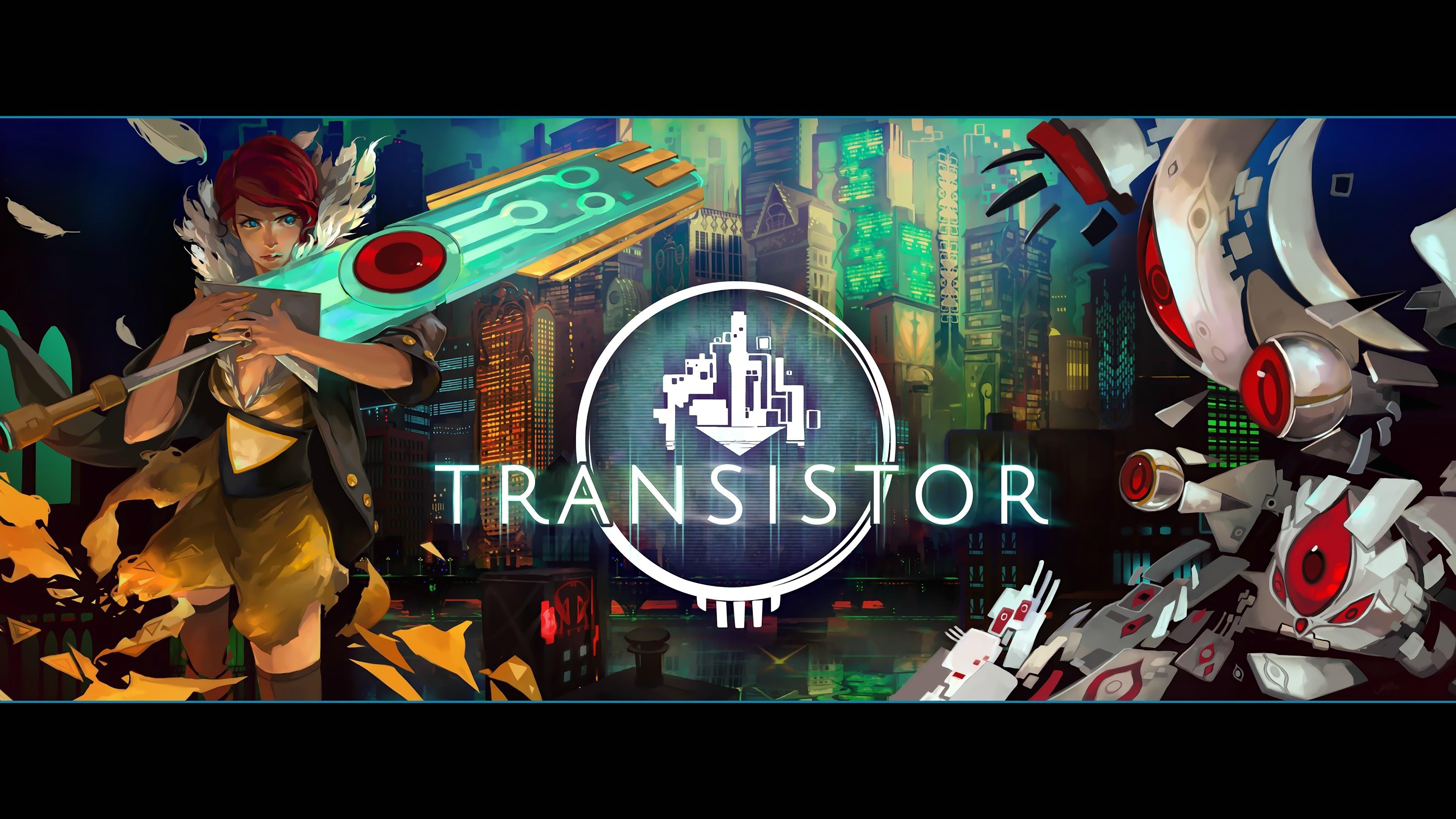 Red haired woman holding a large sword with Transistor logo and robot HD Wallpaper