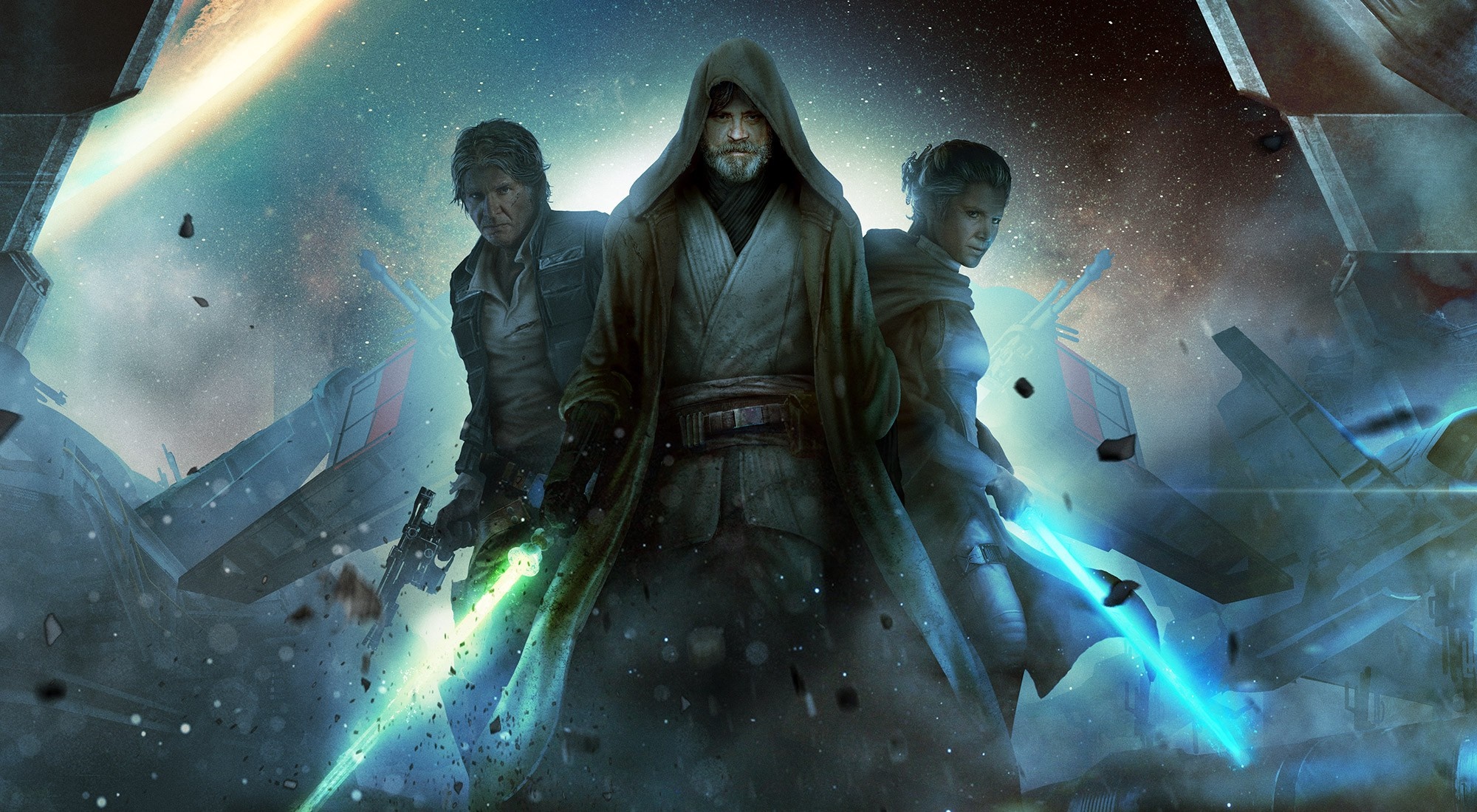 Star Wars characters with lightsabers in space HD Wallpaper