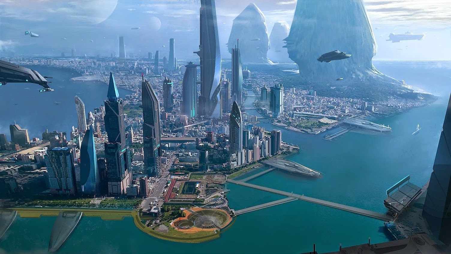 Futuristic cityscape with skyscrapers and flying vehicles HD Wallpaper
