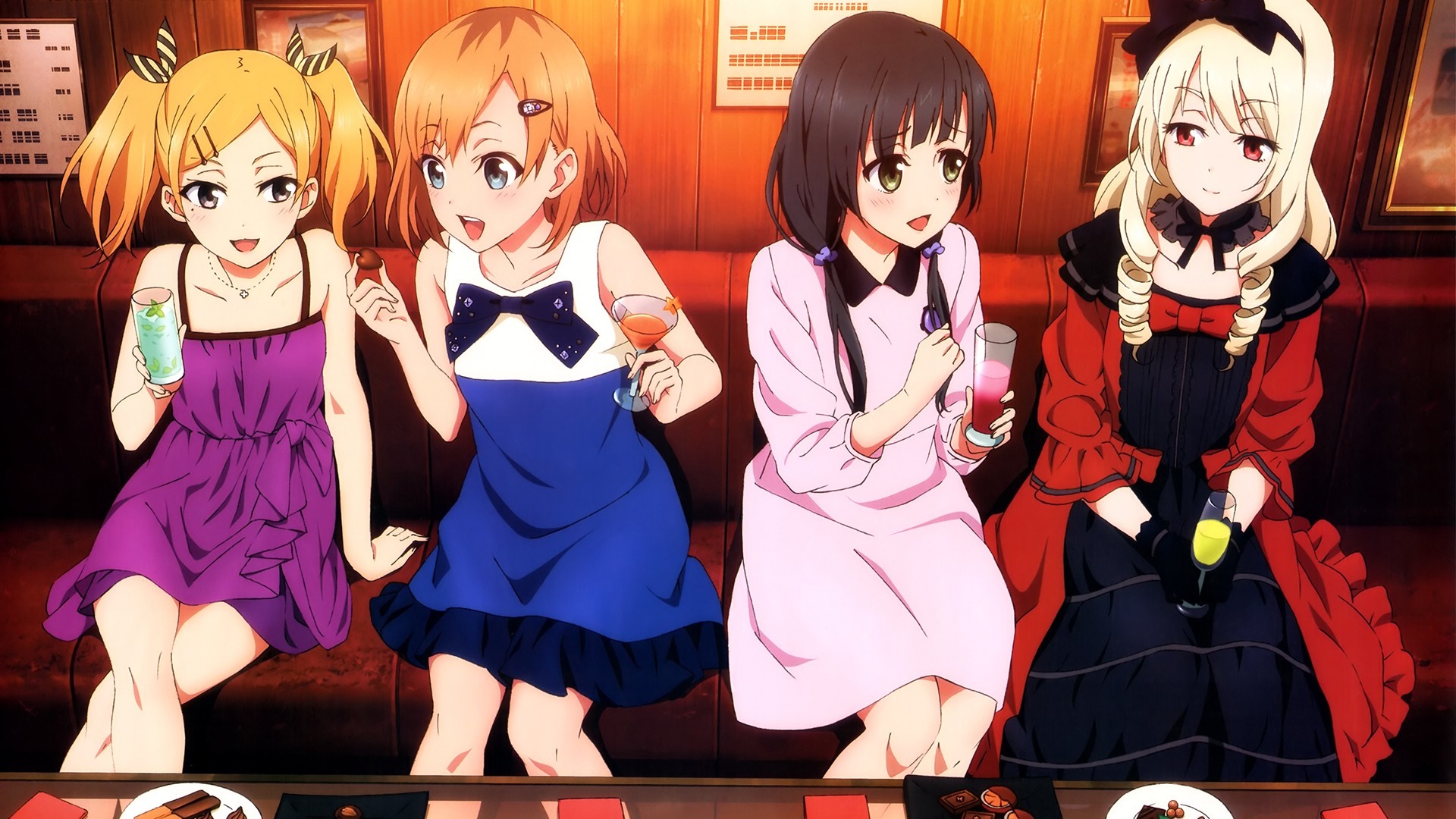 Four anime girls in dresses holding drinks HD Wallpaper