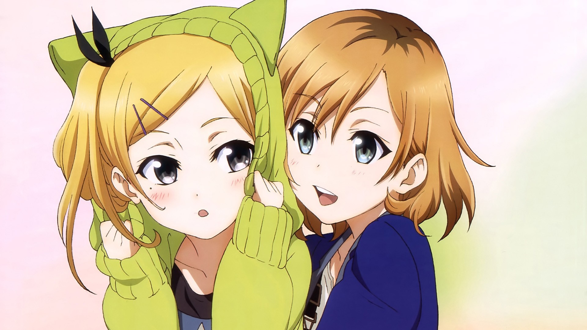 Two anime girls, one in a green hoodie HD Wallpaper